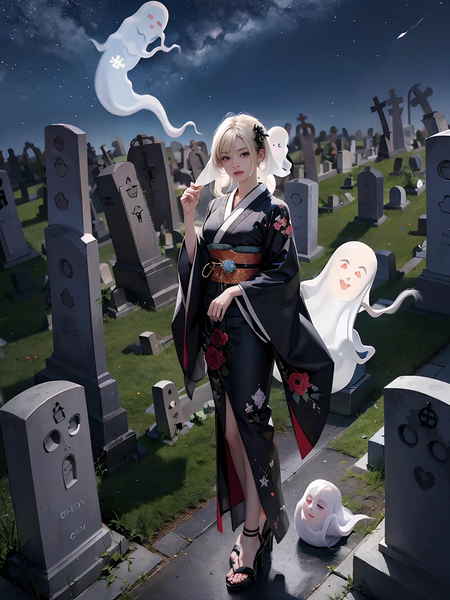 Background of details(Graveyard at night,There are many ghosts:1.8),BREAK ,elaborate costume(Luxury kimono(Black kimono(detailed embroidery))),BREAK,1 Beautiful and classy adult woman(Japanese actressl:1.2)(shinny hair(A black,verdant)(Short hair)()),BREAK,Wallpapers 16K,Blur the background,(masutepiece:1.5), (Best Quality:1.5),(Portrait photos:1.5),(full body Esbian:1.5)