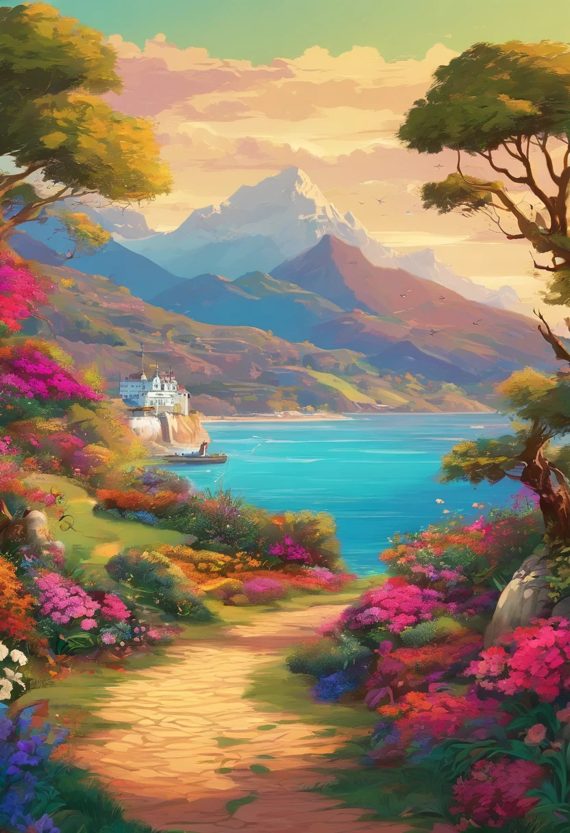 fazer ruiva num tapete e de fundo uma pintura de uma casa de campo, flores ao lado da cerca, cerca ao longo da estrada, paisagem da montanha com um lago e um barco, illustration matte painting, inspirado por Thomas Kinkade, symmetric matte painting, detailed cenary , estilo cru, 8 k ultra detalhado, environment design illustration, scenery art detailed, vista para o mar, Conceito-Arte, Arte digital altamente detalhada em 4k, Pintura digital 4K, Pintura digital 4k, stunning digital illustration, fundo do deserto, arte conceitual de pintura digital, pintura digital detalhada