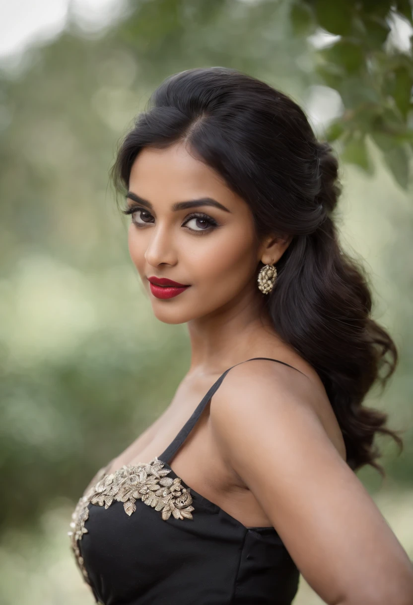 panoramic long shot of a beautiful Bangladeshi heroine girl, dynamic pose, old classic , wavy black hair high, 50s pin up style, intricate, detailed, DSLR camera , 4K UHD, deep blacks, post processing, nubian nose, protruding white teeth