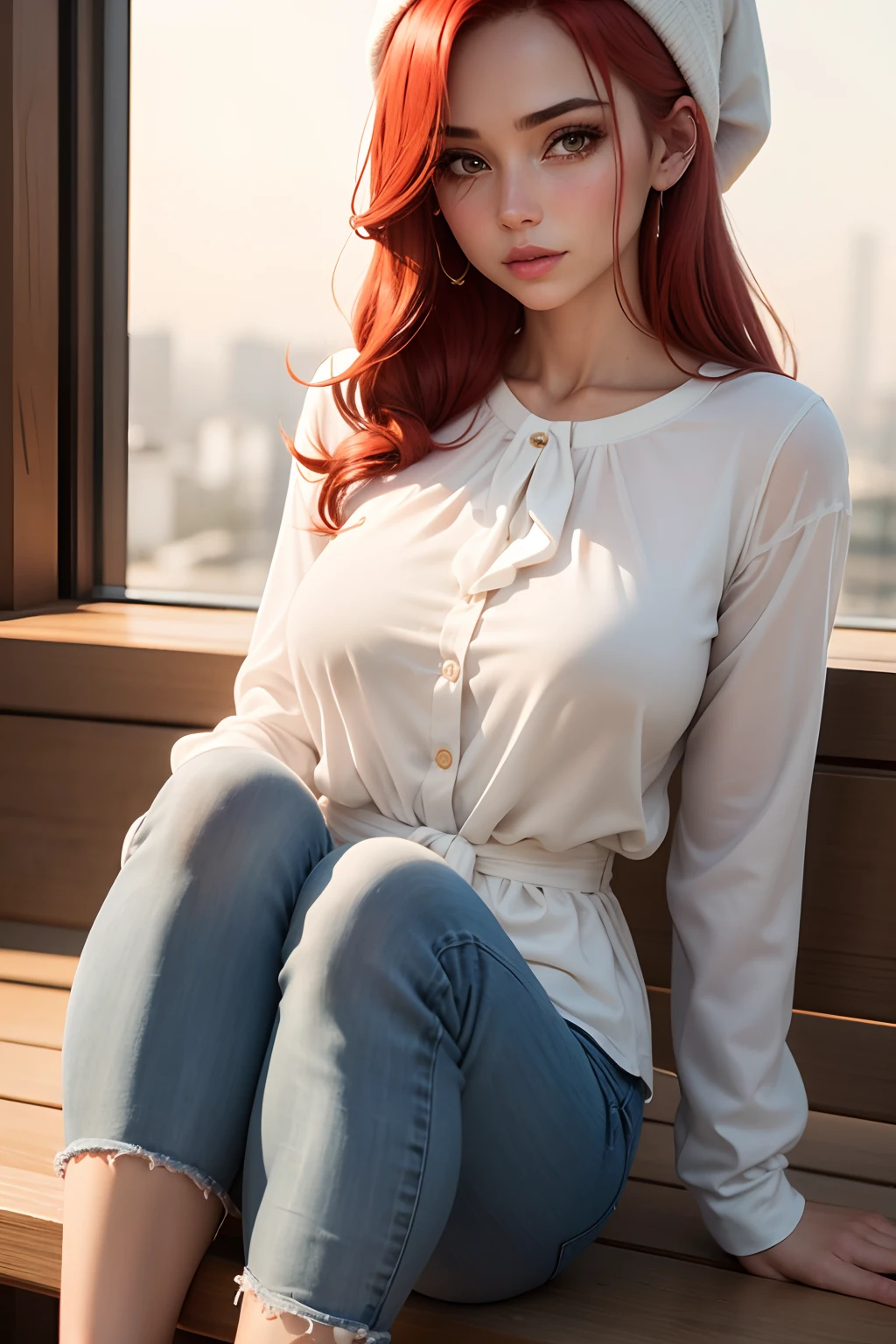 mulher, 30 anos, Long-sleeved blouse made of soft cotton in white color, com um decote redondo e um toque sutil de renda no punho das mangas. Emparelhado com um par de jeans skinny de lavagem escura, that fits snugly around the legs and features some discreet teardrops at the knees for casual styling. artistic work, perfection, Olhos de fogo, cabelo feito de luz, red hair, surrealismo, 8k, super detalhe,