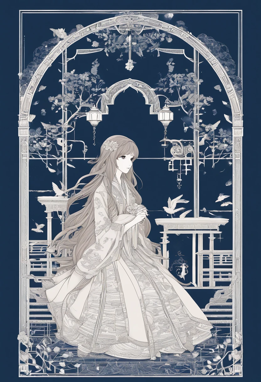 (Style anime), (petite fille, Long brown hair with a lock of hair that hides her left eyes), (tenue : small dark blue sweater, pantalon noir), (decoration : la petite fille est dans sa chambre assise dans sont lit bleu)