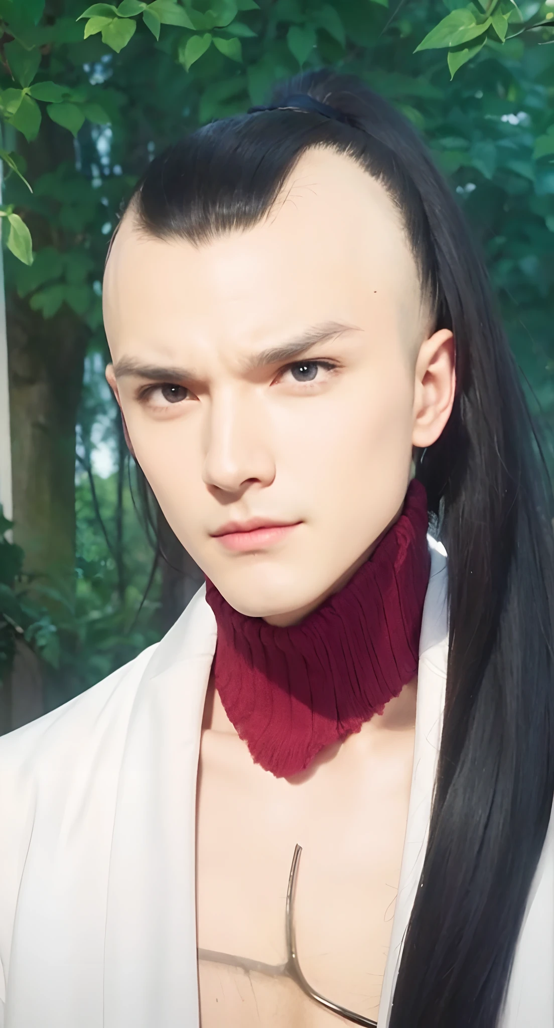 Real life adaption of this character, handsome man face,cool expression,realistic same hair The edges of his hair are bald and the middle and ponytail back are long,(realistic same outfit), realistic background, hyper realistic, realistic light, realistic shadow, realism,(photorealistic:1.2), looking to viewer,