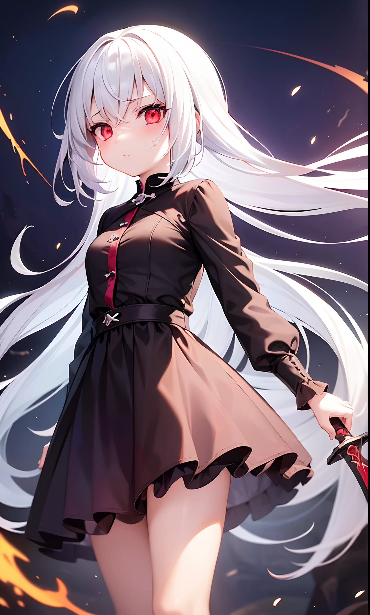 1 girl, ****, {white hair*long hair,gloomy red eyes*flying sparks*flames*flying blood*blood*remains*sword}