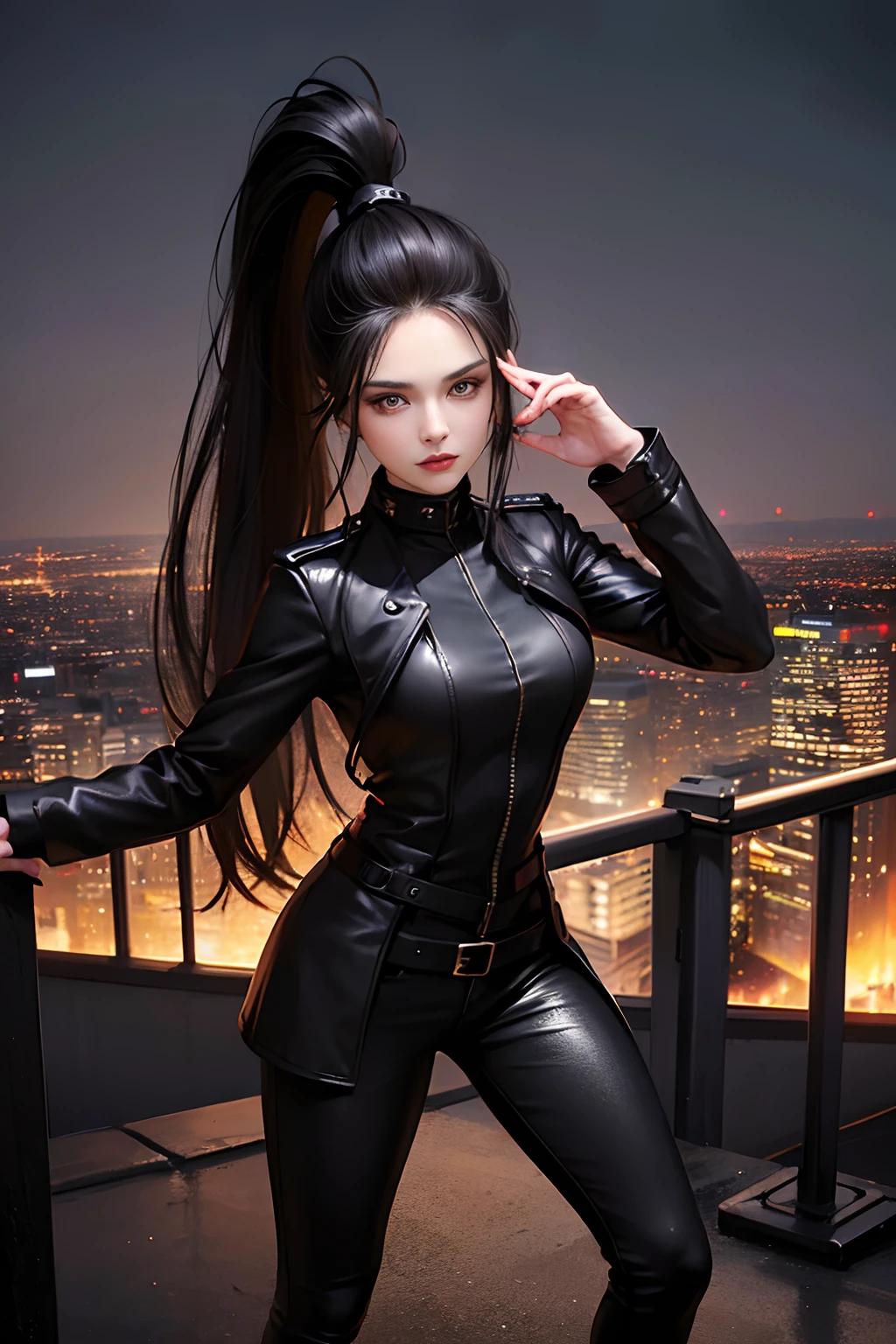 (skindentation:1.5), Realistic, Photorealistic, (masterpiece:1.5), concept art, intricate details, highly detailed, photorealistic, octane render, 8k, unreal engine, dynamic pose, best quality, highres, (realistic face:1.1), (hyperrealistic:1.1), (((full_body))), perfect eyes,(shiny skin:1.2), (((hairstyle))), (((perfect hands))), (extremely detailed background), ((dynamic background)), ((large moon)), ((1girl)), wearing black trench coat, black leather long pants, black t-shirt, black boots, ((detailed eyes, high quality eyes, high quality face)), (extremely intricate jacket), long black hair, ((dramatic)), epic, city, depth of field, bokeh, 4k, college, (ponytail), ((standing pose)), ((full body)), (((show feet)))