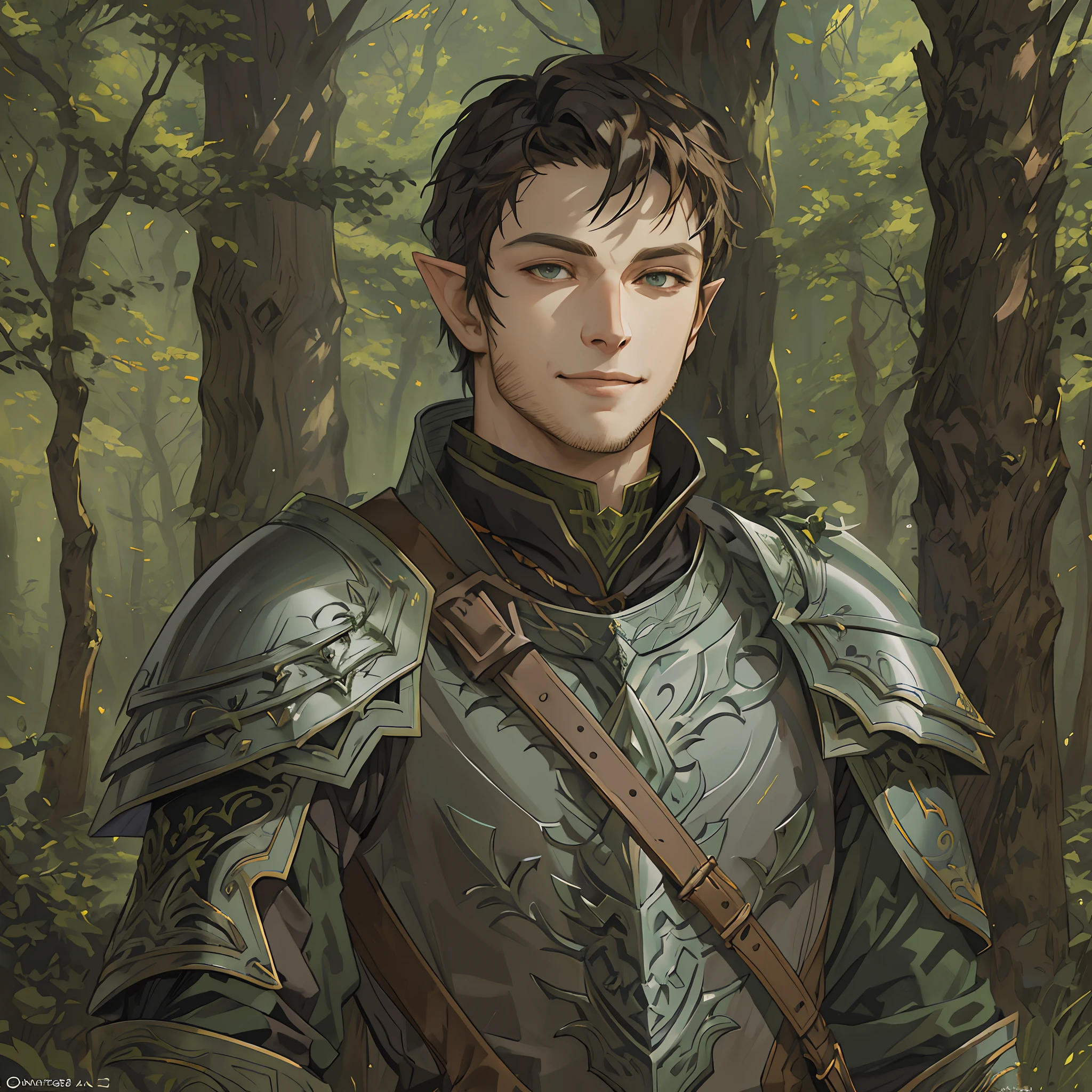 there is a man in armor standing in the woods, a portrait of a male elf, male elf ranger, fantasy male portrait, beautiful male elf, fantasy art smug smile man, elven male, portrait of a forest mage, a male elf, fantasy characture portrait, portrait of an elven warrior, portrait of fin wildcloak, dnd character art portrait