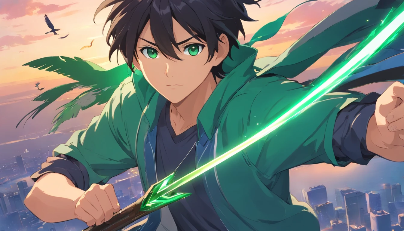 male character with his long raven-black hair and piercing emerald eyes hold Kujang weapon, casual wear