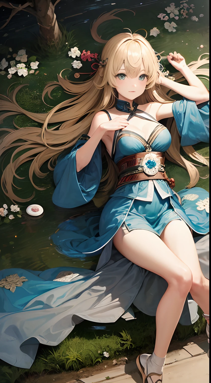 Kenji Tsuruta, James Jean, Walter Crane, Kate Greenaway, Surreal, mysterious, bizarre, fantastical, fantasy, Sci-fi, Japanese anime, seen in a dream, communion with northern nature such as stars, moon, and forests, beautiful blonde girl Alice, lively darkness, ensemble, labyrinth of forgotten gods, detailed masterpiece