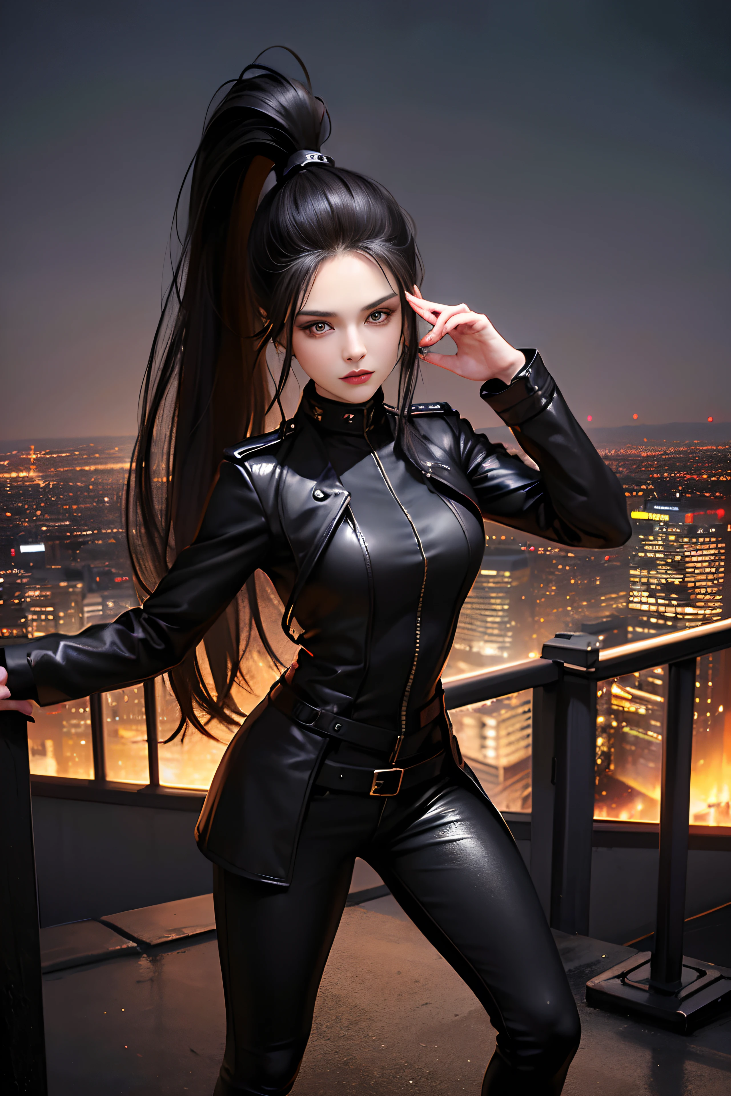 (skindentation:1.5), Realistic, Photorealistic, (masterpiece:1.5), concept art, intricate details, highly detailed, photorealistic, octane render, 8k, unreal engine, dynamic pose, best quality, highres, (realistic face:1.1), (hyperrealistic:1.1), (((full_body))), perfect eyes,(shiny skin:1.2), (((hairstyle))), (((perfect hands))), (extremely detailed background), ((dynamic background)), ((large moon)), ((1girl)), wearing black trench coat, black leather long pants, black t-shirt, black boots, ((detailed eyes, high quality eyes, high quality face)), (extremely intricate jacket), long black hair, ((dramatic)), epic, city, depth of field, bokeh, 4k, college, (ponytail), ((standing pose)), ((full body)), (((show feet)))