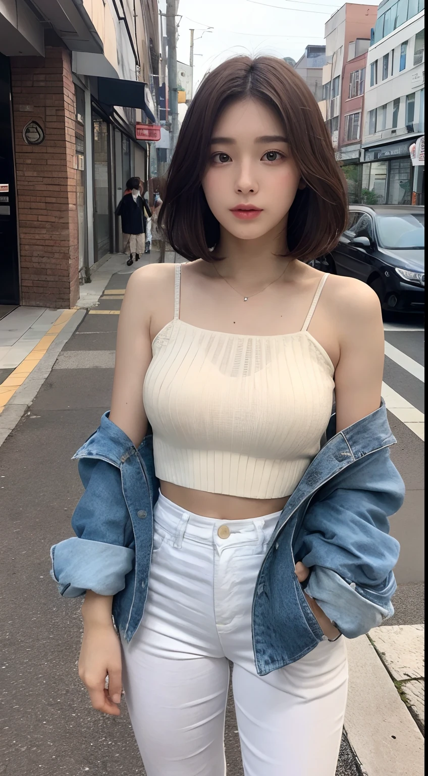 （（best qualtiy，8K，tmasterpiece：1.3）），（Flower Cap：1.3），Perfect beauty：1.4，glute：1.2，（Layered Hair Style：1.2）），（the street：1.3），Highly Detailed Face and Skin Textur，full bodyesbian，Elaborate Eyes，二重まぶた，Whitens the skin，Short wave hair，Cute Korean beauty（with a round face：1.5），（Loose top，shorter pants：1.6）