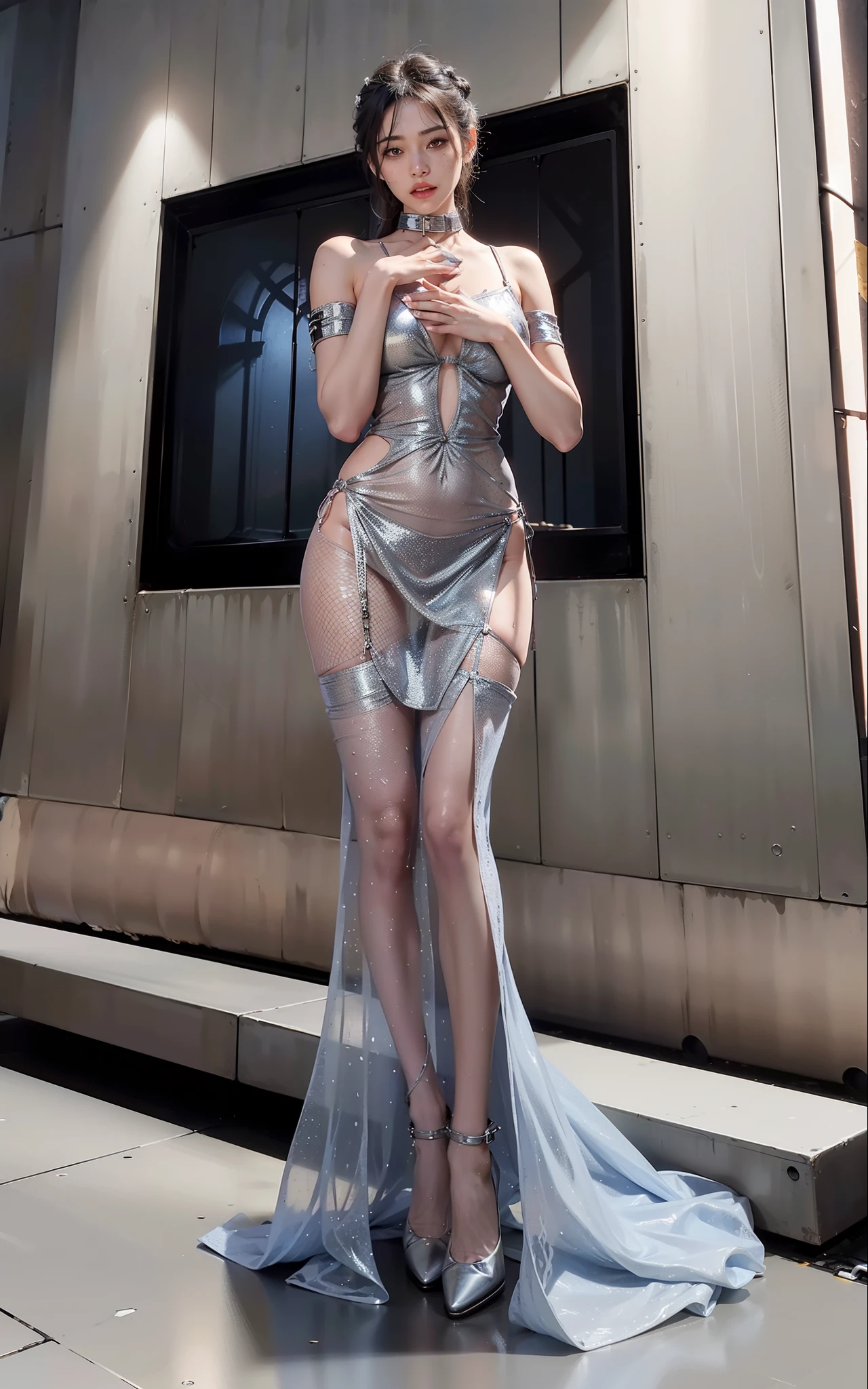 ,((Wearing a torn sheer costume of a superheroine)),(, No bra)), Wet crotch, Wet thighs, Beautiful girl with accentuated slender abs: 1.4, (((nipple tips protruding, areola is protruding, The shape of the pubic region is clearly visible)), sixpack abs: 1.4, Bust Botox, Photo, Sharpness, Unique 850 4, Koda850 k portrait camera, F1.6 shots, Ultra-realistic textures, Spectacular light textures, Cinestil 800 Fashion Mechanics, (futuristic sci-fi battle fashion: 1.1), (tied perfectly by chain), Restraint, Slaves, collars, ((wide prison with sunlight)), Dark fantasy, Realistic material details, extreme hight detail, Ultra-realistic materials ((Torn costume))), Wet, Cloudy, (Chained)), ((big emphasized by chains)), ((chains digging into crotch)), ( (Collar)), (, No bra), shredded costumes, broken golden shields and battle spears,, White combat gloves, Combat shoulder armor, Blood splattered on the face, Blood splattered, Realistic, (Bruises, Dirty, ripped clothing, skimpy clothing, Blood: 1.3), Torn Cape, Torn pantyhose, Long legs, ((iron pipe in the crotch)), Metallic shackles and fetters, ((chains hung from heaven)), Wet crotch is clearly visible, Swarovski's sword and the anatomy beneath his feet, (futuristic sci-fi battle fashion, Torn mesh stockings),Dress dress set with jewels and diamonds