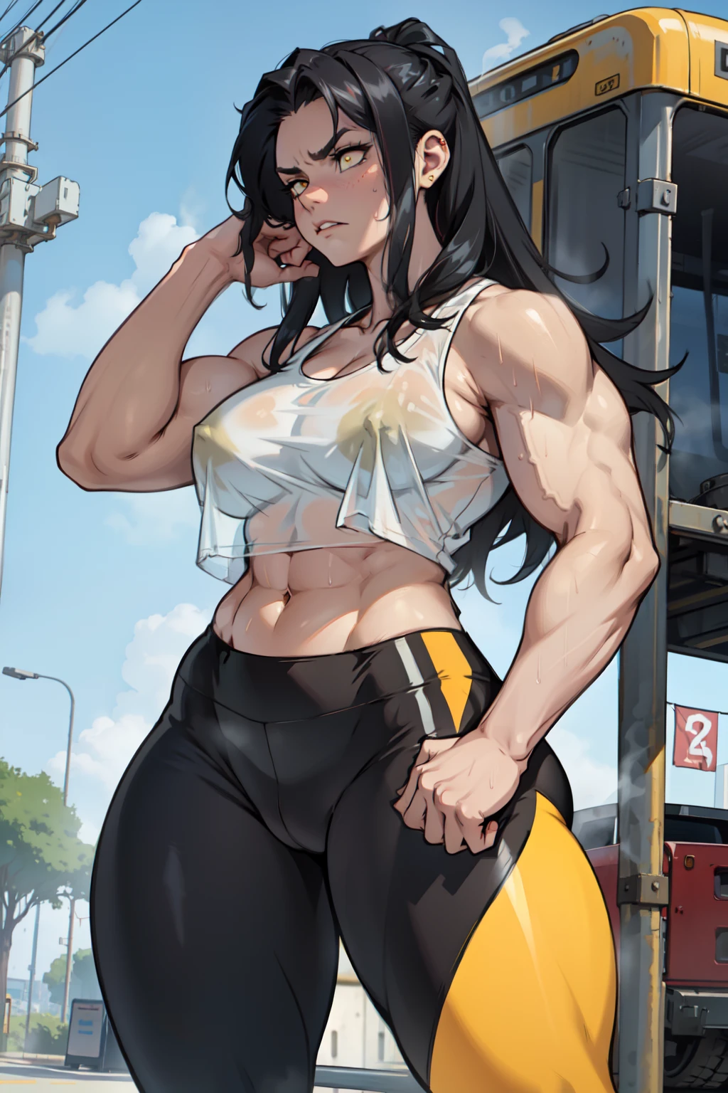 1girl (muscular toned body) large breasts thick thighs pale skin black hair very long hair yellow eyes angry tank top leggings sweaty steam see-through