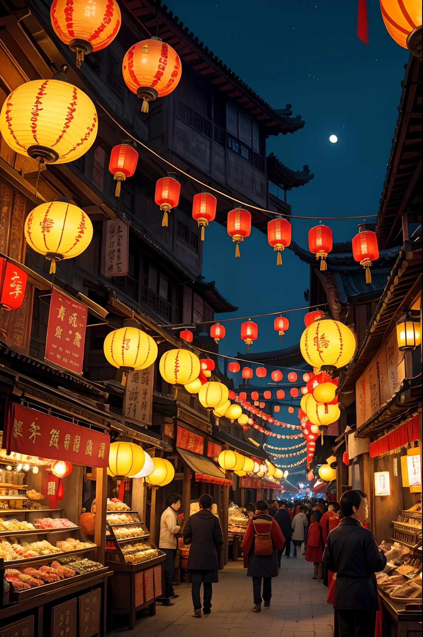 Ancient Market, Vibrant lanterns,, Traditional Chinese architecture, Beautifully decorated stalls, A wide range of products, Moonlit Night, No one went out on the streets,Festive atmosphere, Nostalgic appeal, Aromatic food stalls, Flashing candles, Amazing cultural performance, Warm and soft lighting, High-quality details, Vibrant colors, immersive experience