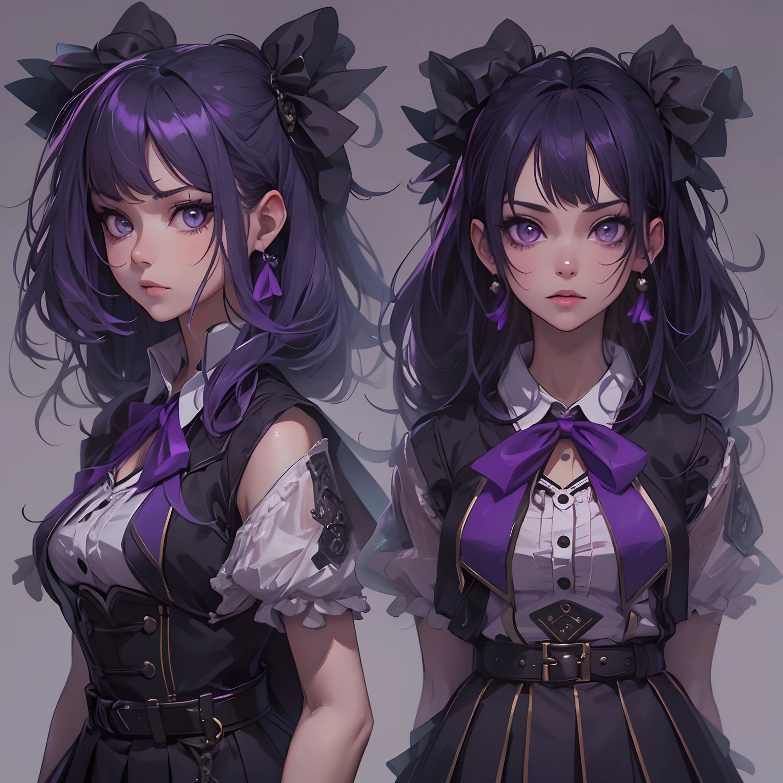 ((Masterpiece, Highest quality)), Detailed face, CharacterDesignSheet,full bodyesbian, perfectly proportions,Full of details, Multiple poses and expressions, Highly detailed, Depth, a beauty girl,the witch,lacepantyhose,estilo fantasia,Extremely beautiful,High Balance, Natural light, full body girl wearing a black school uniform with a purple bow and purple and black pleated skirt. she has black and purple hair and goth/emo accessories