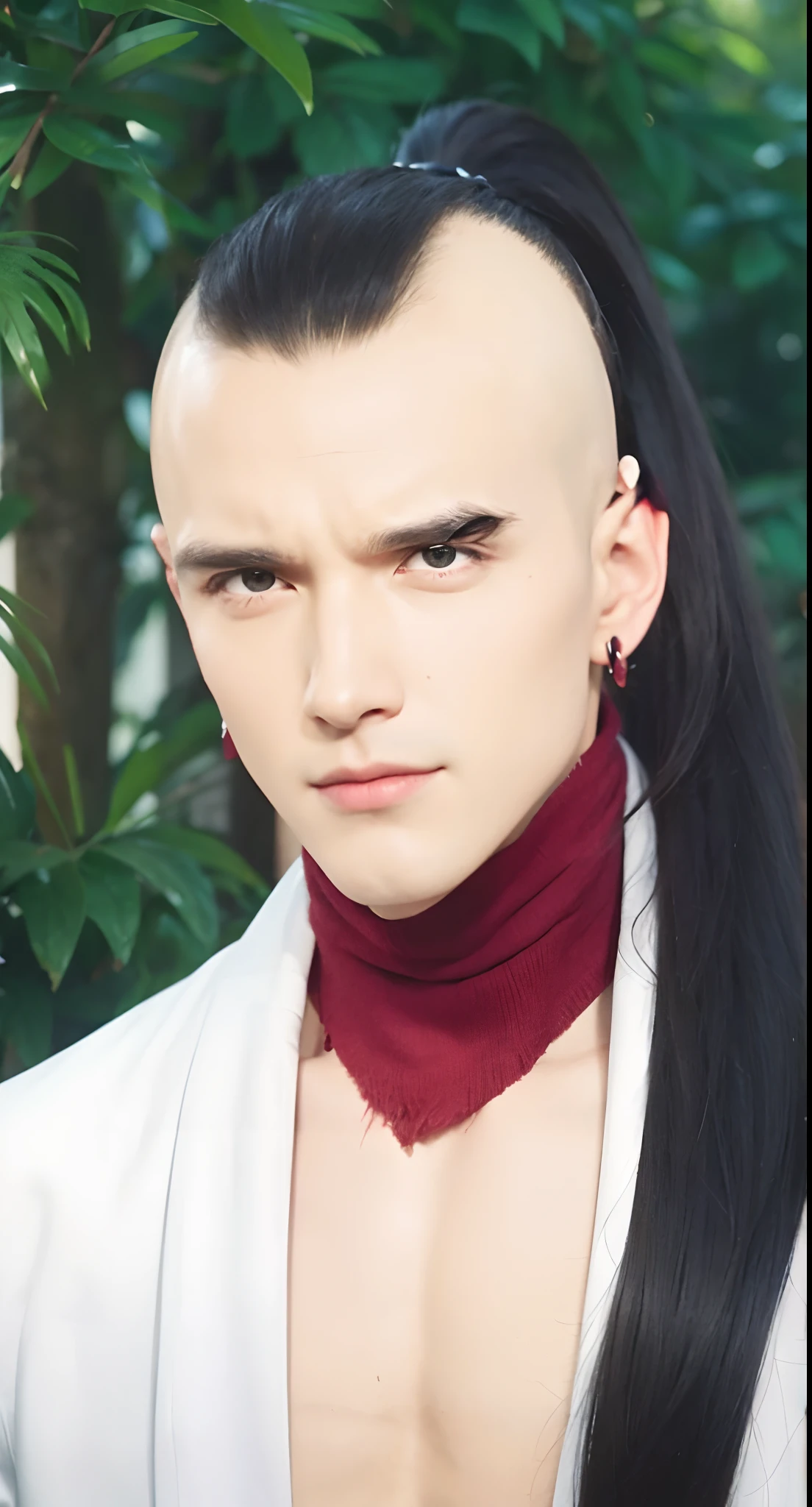 Real life adaption of this character, handsome man face,cool expression,realistic same hair The edges of his hair are bald and the middle and ponytail back are long,(realistic same outfit), realistic background, hyper realistic, realistic light, realistic shadow, realism,(photorealistic:1.2), looking to viewer, muscular man body,He wears many red earrings in his ears