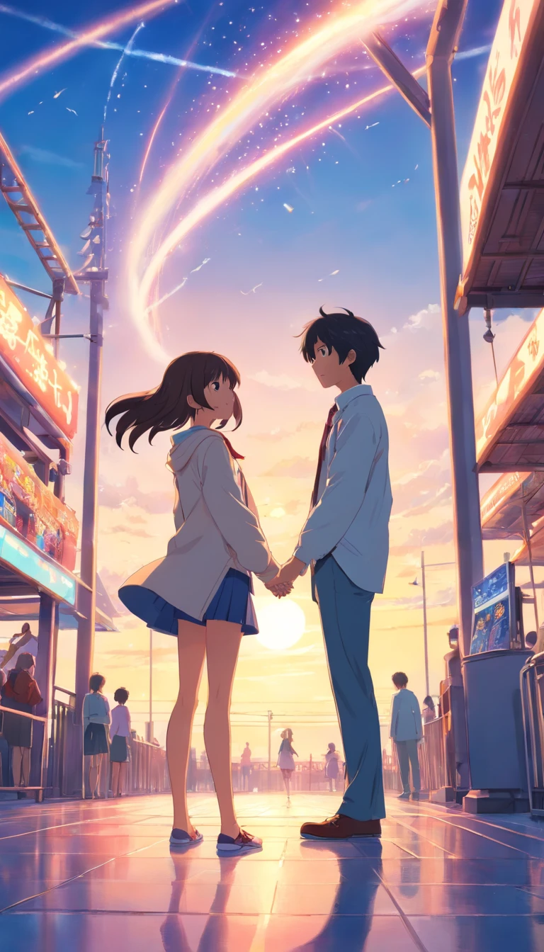 best qualtiy, tmasterpiece, 超高分辨率, realisticlying,A couple,White sports coat,Hand in hand,head looking up,cheerfulness,An amusement park,wide angles