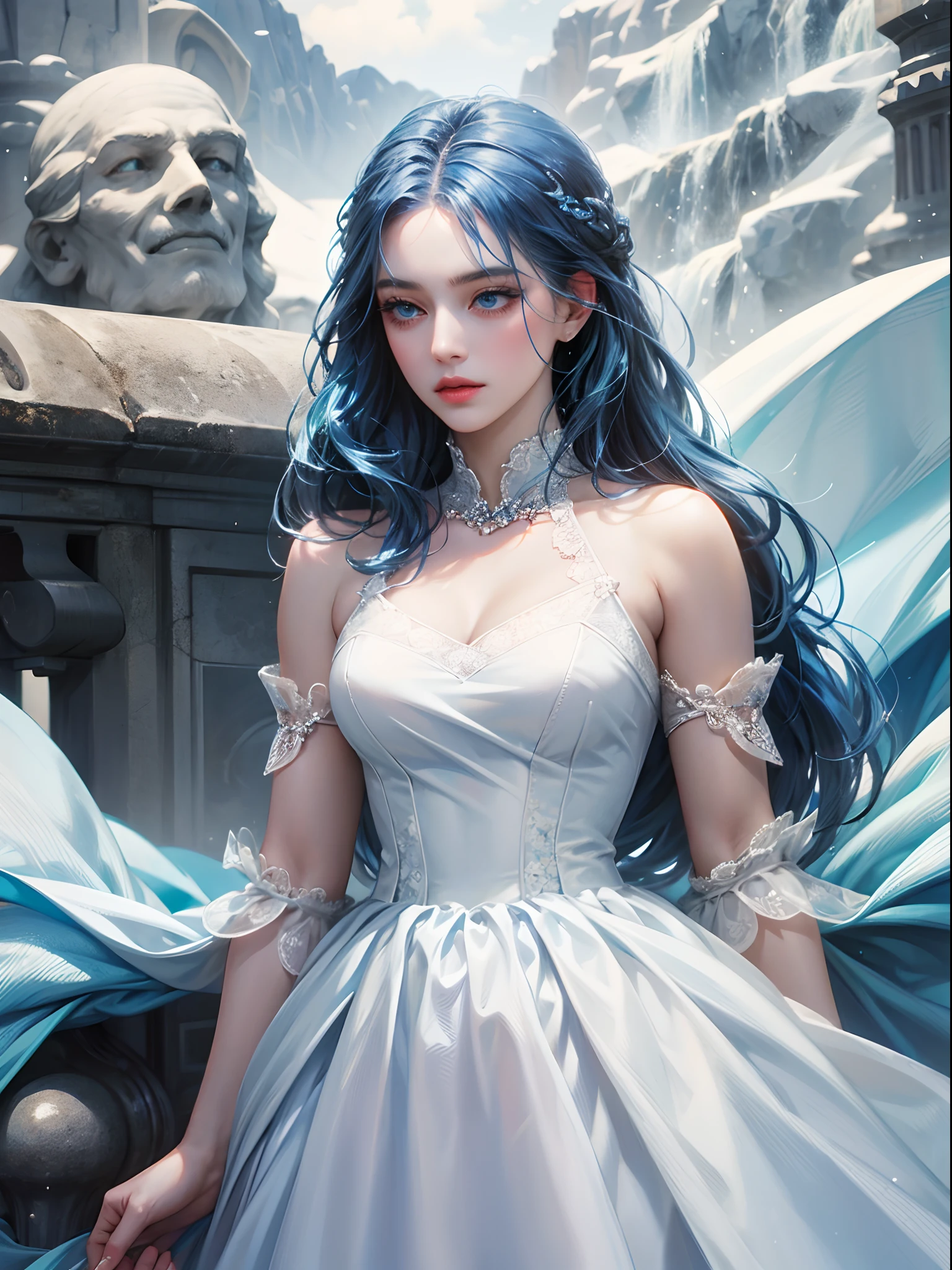 a women, blue hair, blue eyes, white dress