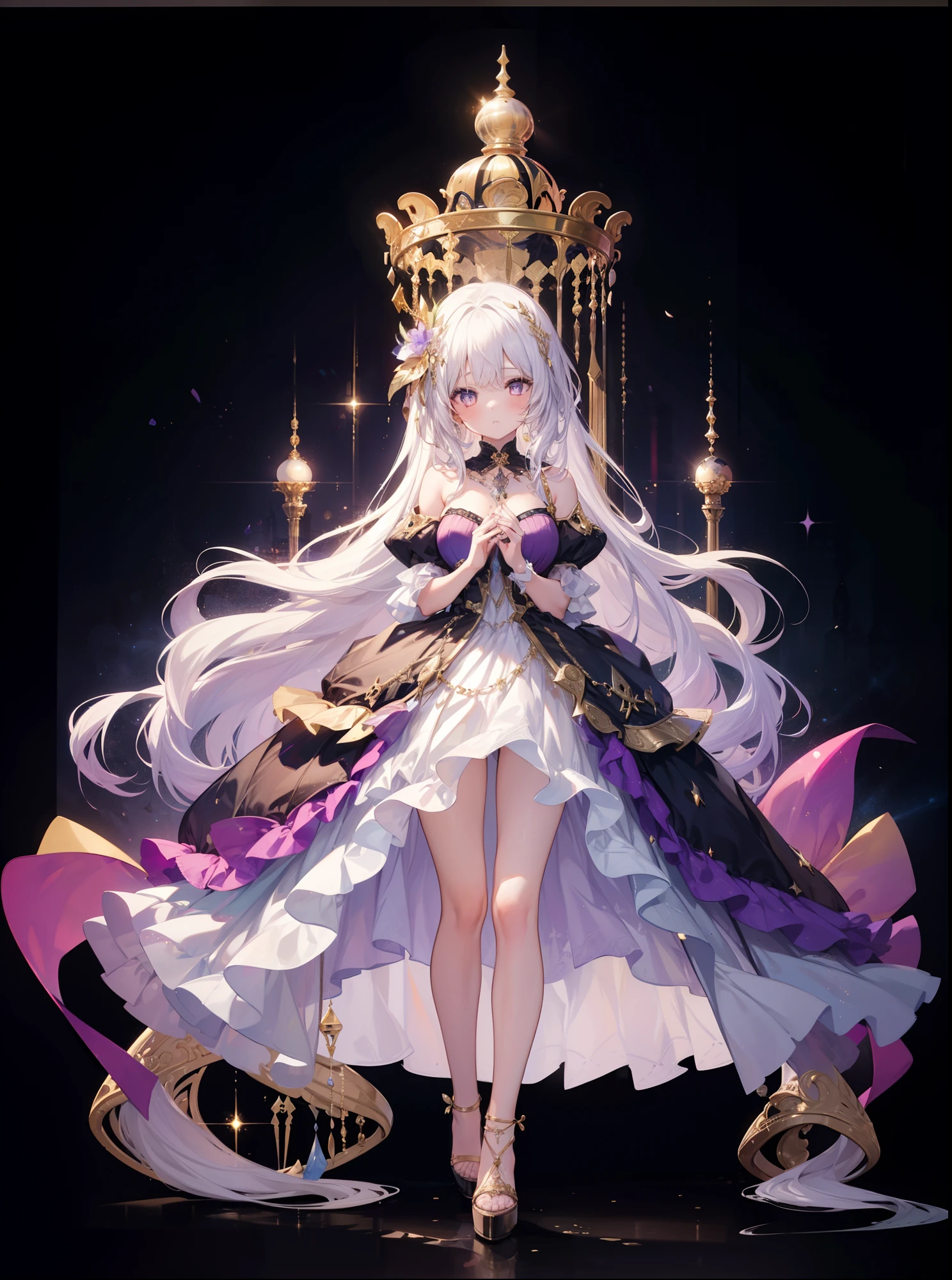 ((((((one girls)))))),Ultra-realistic photo of a girl in a majestic light purple and gold ball gown dress, Big beautiful dress, Complex puffy ball gown with lots of frills and rhinestones (Best Quality, masutepiece, art stations, Fantasy Art:1.2), Palace rooms, Beautiful cute girl, (long white hair:1.1), (Complex short gold skirt, Bare legs:1.2, Full body shot)