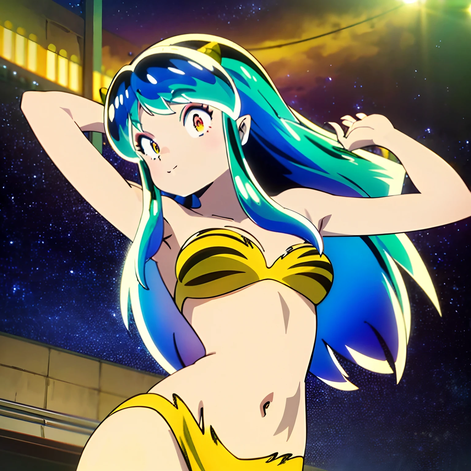 masutepiece, Best Quality, 超A high resolution, top-quality, Anime style, alien girl, sila, , attractive girl, long green hair, Yellow horn, Ram, Ram_bikini of, Yellow tabby bikini, Fly quietly through space, Carefree smile, Animated facial expressions, Face Focus, close up