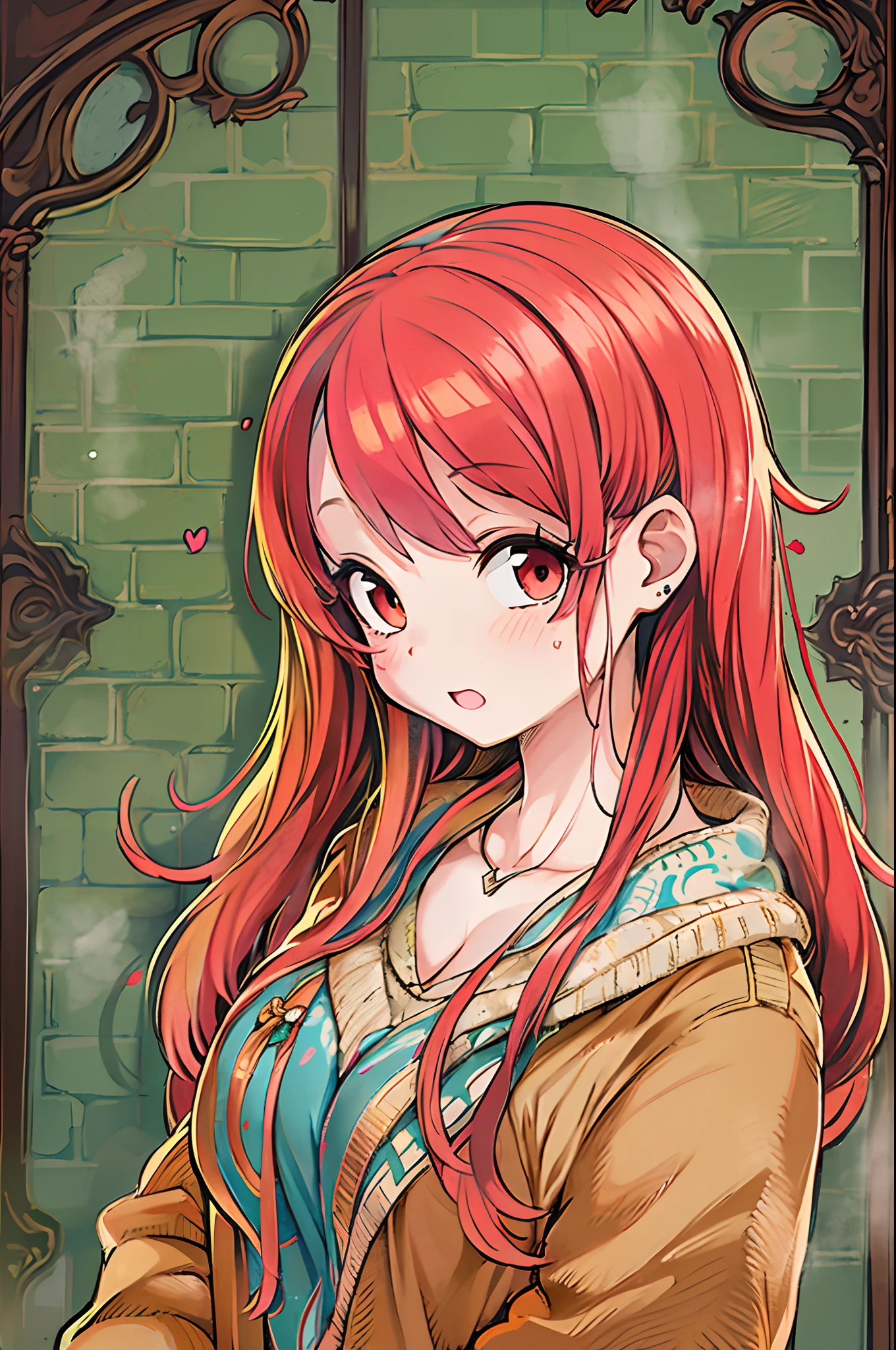 masutepiece, Best Quality, {Best Quality}, {{masutepiece}}, {hight resolution}, Focus, Anime style, Close-up of a female cartoon, Girl Design, Portrait, Gisha, anime image, Long hair, Red hair, redhair, Straight eyes, Sleek and powerful look, Exotic, tall, freckle, Cheerful, Casual chic outfit, Colorful, Colors