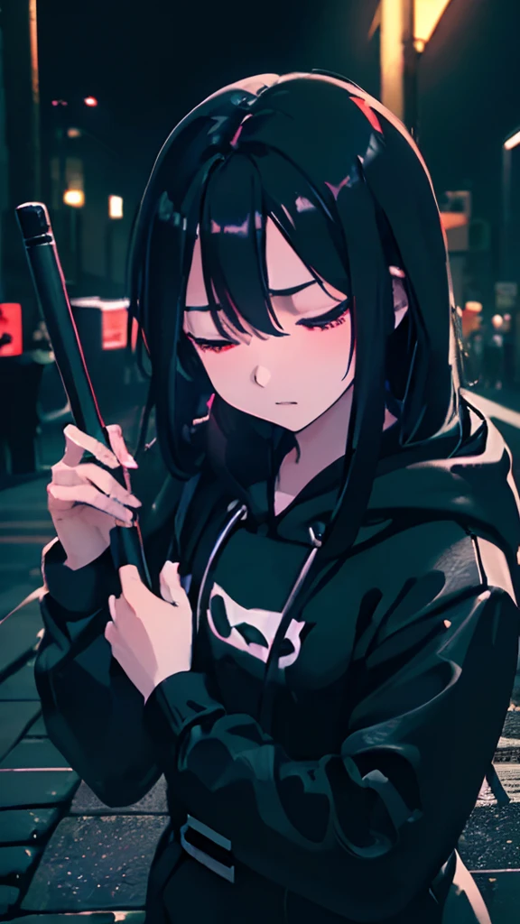 (blind girl, Chinese face, long black hair, closed eyes), (black hoodie), (carrying a cane), (street at night)
(best quality, ultra-detailed, realistic:1.37), (portrait, dark), (soft lighting), (vivid colors)