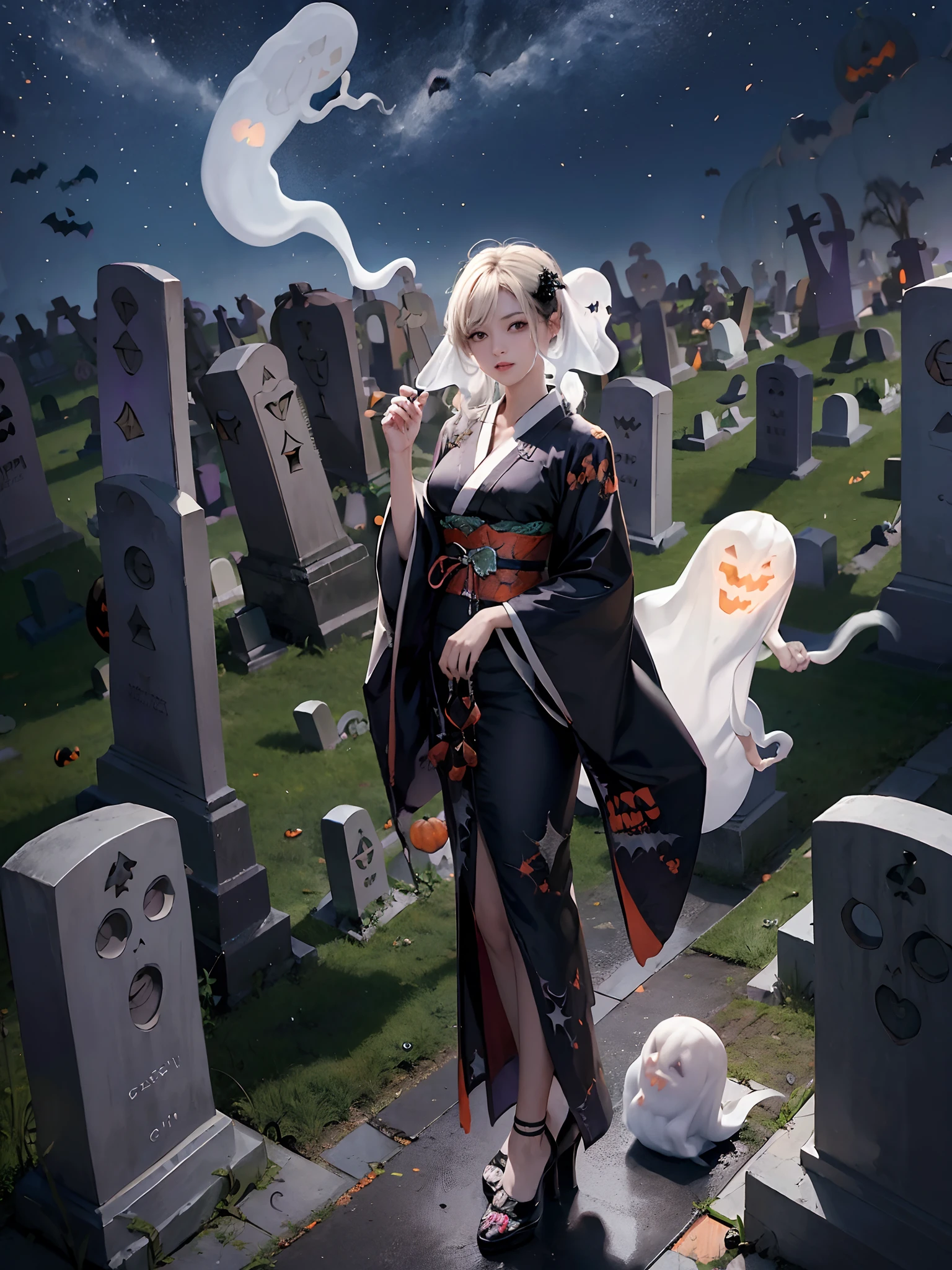 Background of details(Graveyard at night(Halloween),There are many ghosts:1.8),BREAK ,elaborate costume(Luxury kimono(Black kimono(detailed embroidery))),BREAK,1 Beautiful and classy adult woman(Japanese actressl:1.2)(shinny hair(A black,verdant)(Short hair)()),BREAK,Wallpapers 16K,Blur the background,(masutepiece:1.5), (Best Quality:1.5),(Portrait photos:1.5),(full body Esbian:1.5)