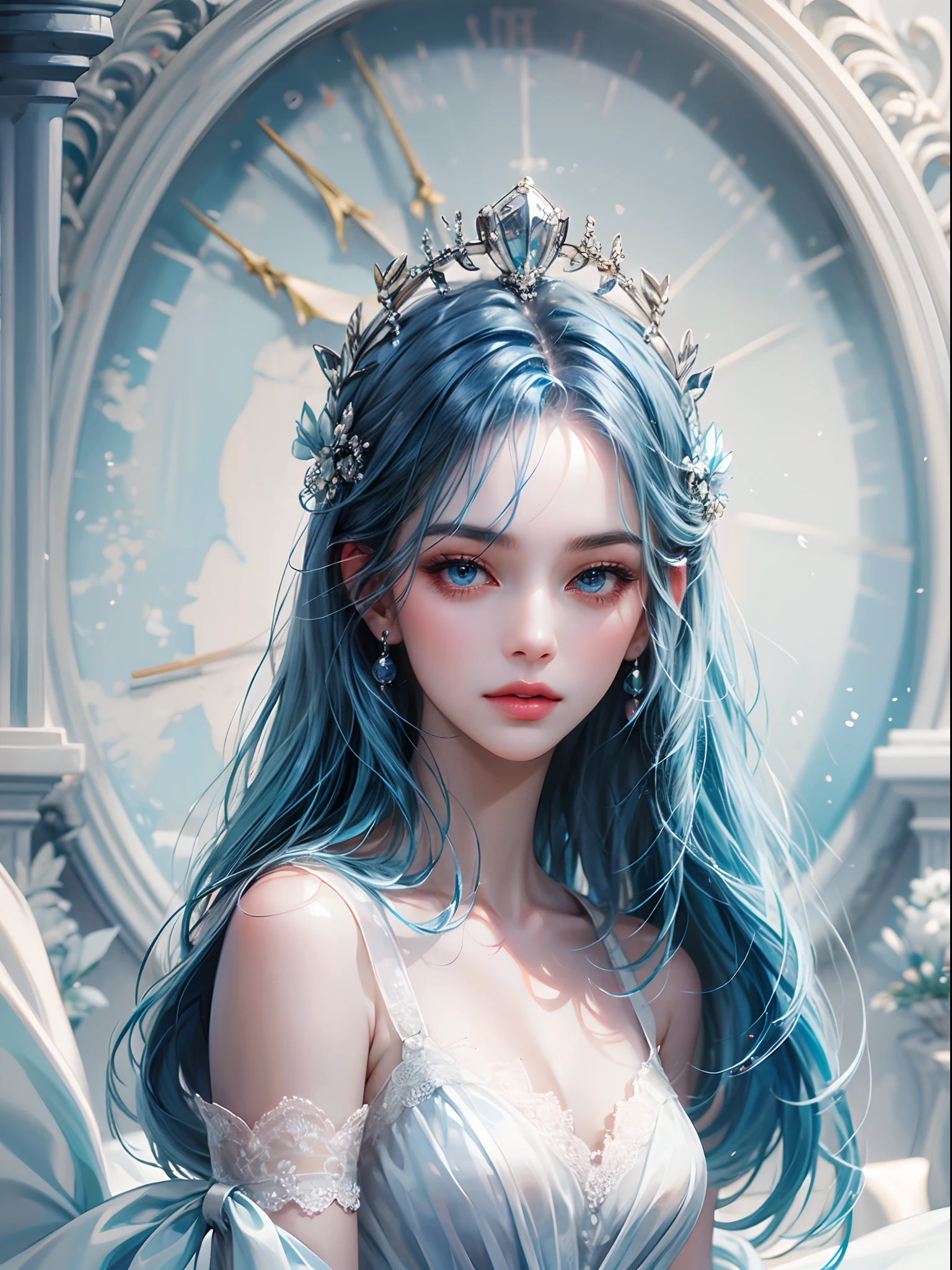 a women, blue hair, blue eyes, white dress