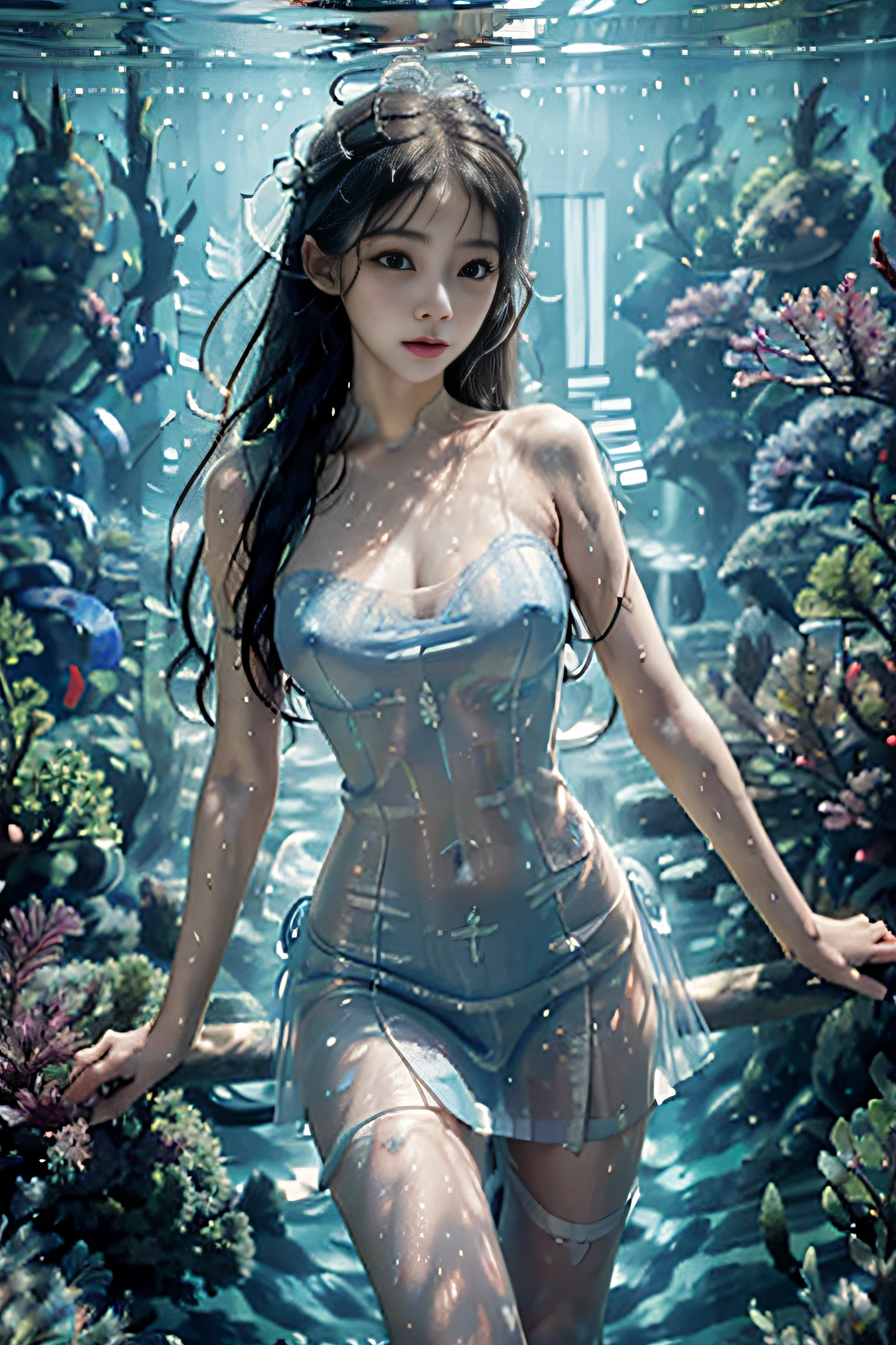 (((masterpiece))),(best quality),(solo),highres, extremely detail CG,wallpaper,extremely detailed figure,Amazing,1girl, (((underwater))),very long hair,floating hair,wet hair,floating in side water,large breast, floating skirt, detailed face,((beautiful detail light reflective water)),beautiful detail eyes and hair,wavy hair,(transparent pleated dress)((wet clothes)), (blue ribbons wrapped the girl ),facing away,((ultra-detailed)),shiny water,((wide shot)),