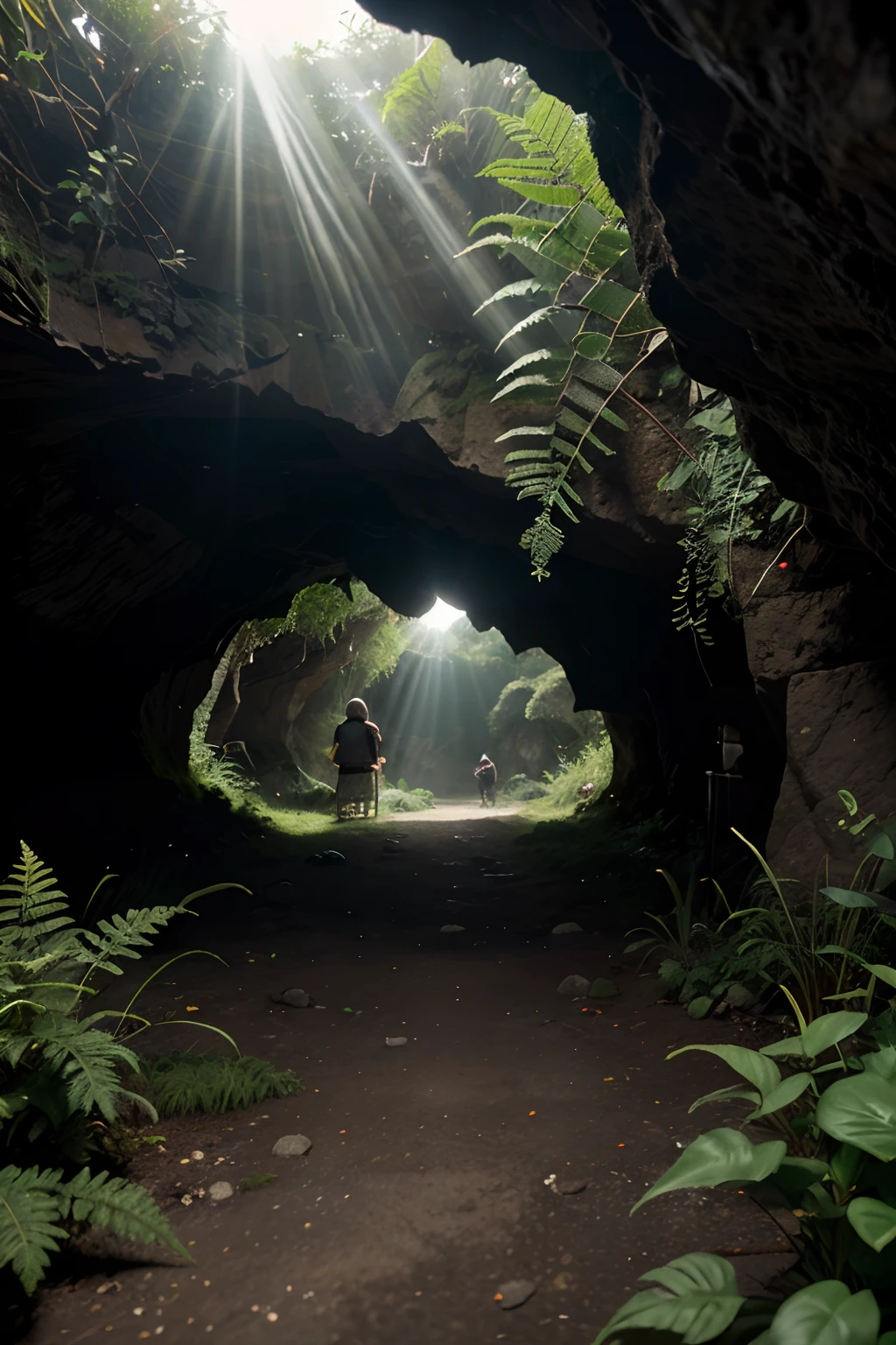 harsh light, contraste pesado, a cave with an open roof casting rays of sunshine on a green mosses and ferns,  e um aberto( vista sobre o oceano:1.1) Na parte inferior, Cell shading rendering, 4k,  360 graus, equiretangular, QXJ,