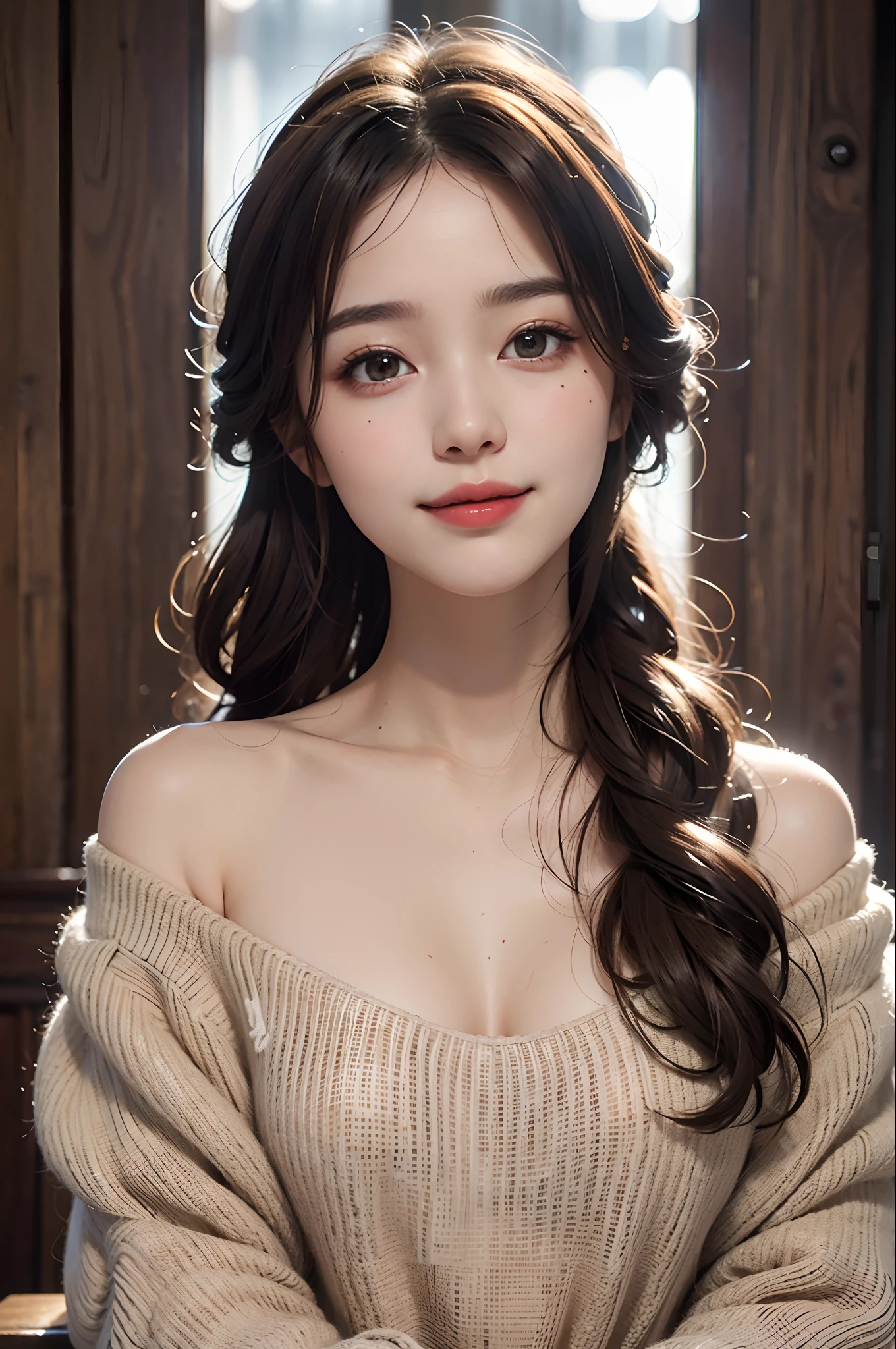 best quality, masterpiece, ultra high res, photorealistic, 1girl, offshoulder, smile, oversized_sweater, soft lighting, detailed skin,brown hair