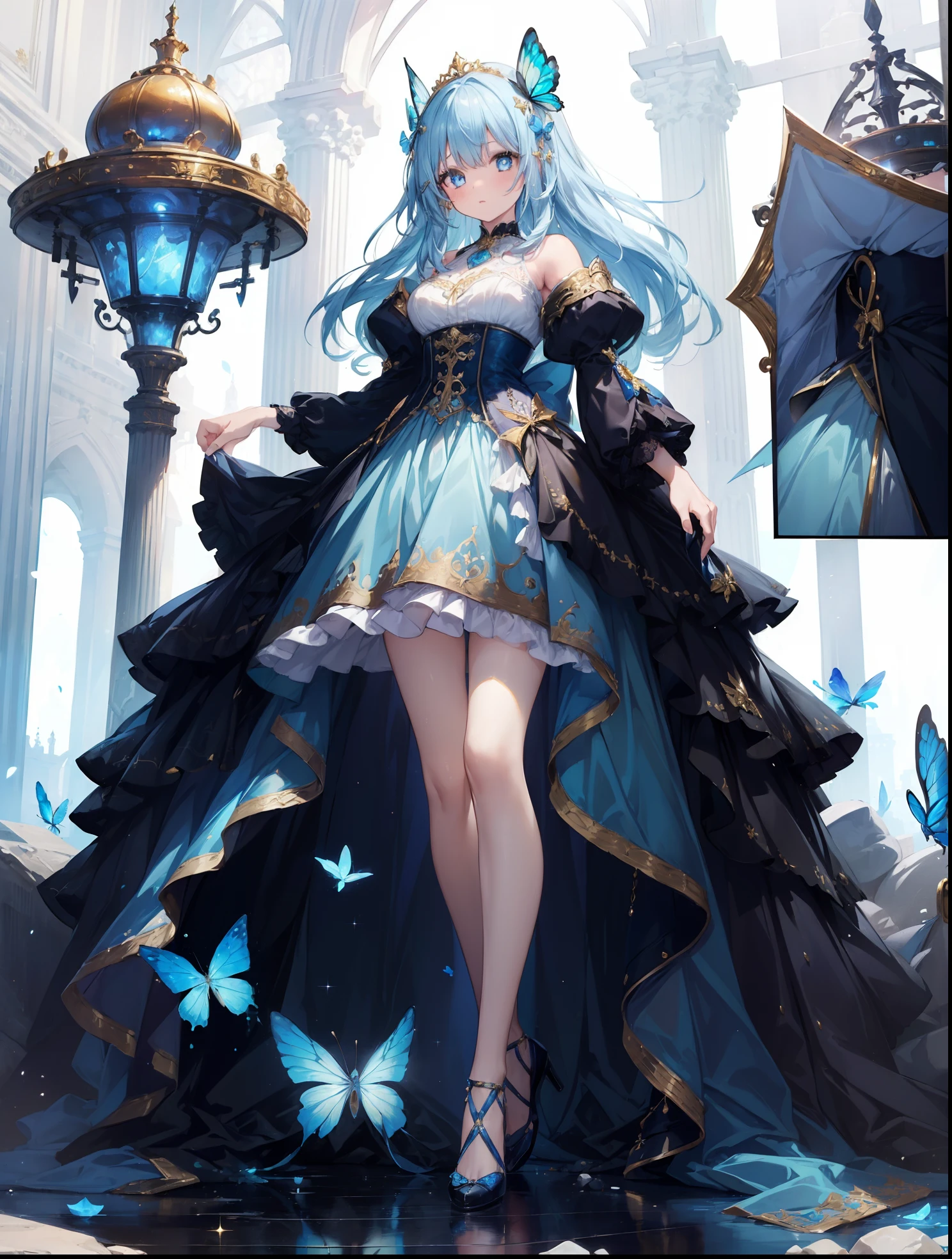 ((((((one girls)))))), Ultra-realistic photo of a girl in a majestic light blue and golden ball gown dress, Big beautiful dress, Complex puffy ball gown with lots of frills and rhinestones (Best Quality, masutepiece, Blue butterfly, art stations, Fantasy Art:1.2), Palace rooms, Beautiful cute girl, (White long hair:1.1), (Complex short gold skirt, Bare legs:1.2, Full body shot)