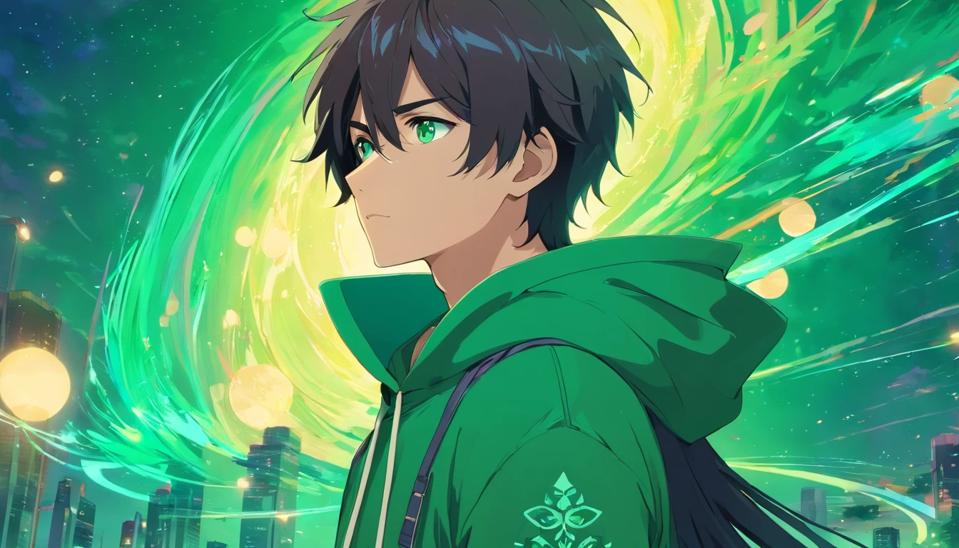 male character with his long raven-black hair and piercing emerald eyes wearing hoodie with a slight batik pattern
