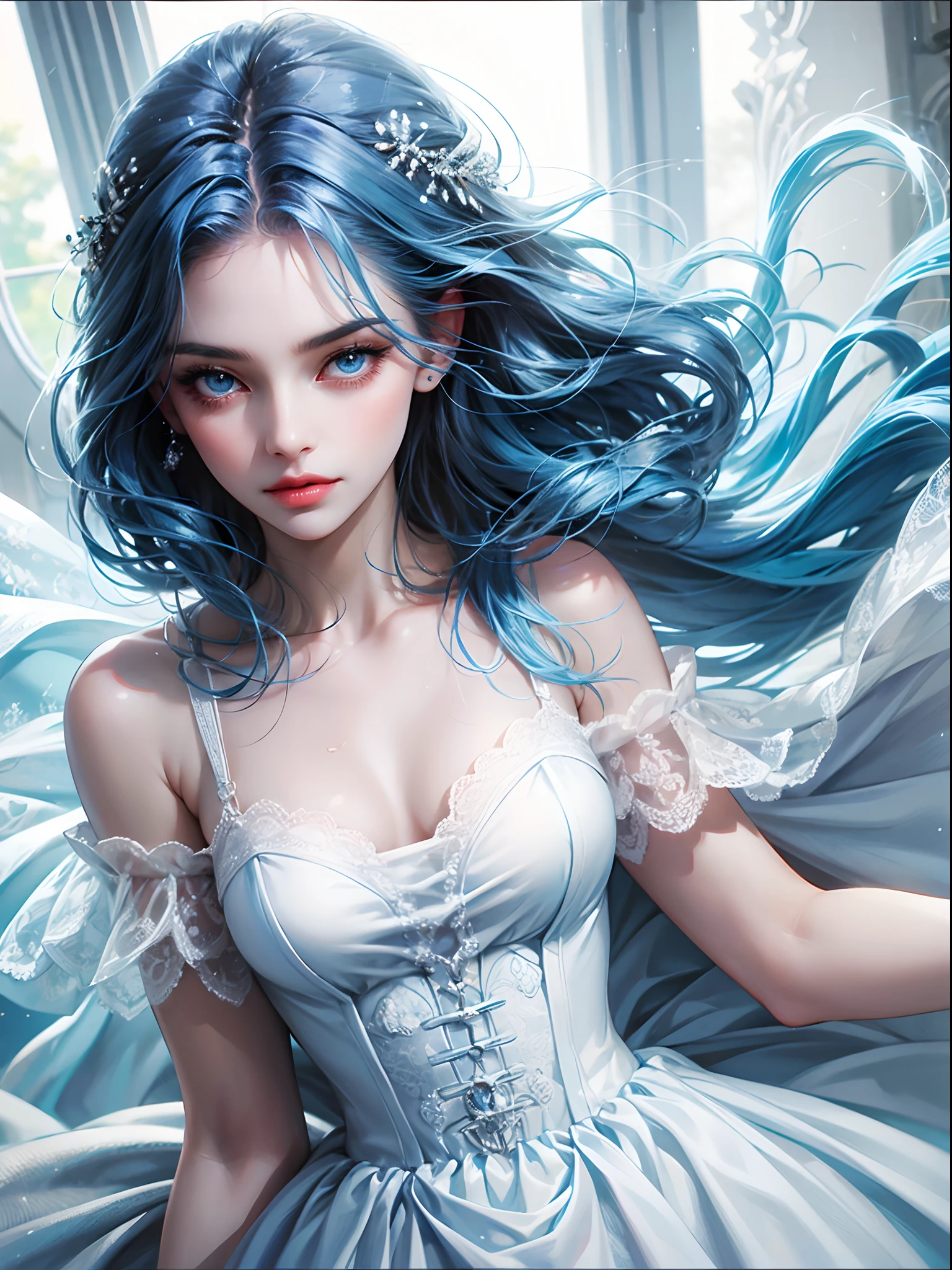 A fairy with long light hair, blue colored eyes, skin fair, slim, wearing a demure navy blue dress with light blue wings