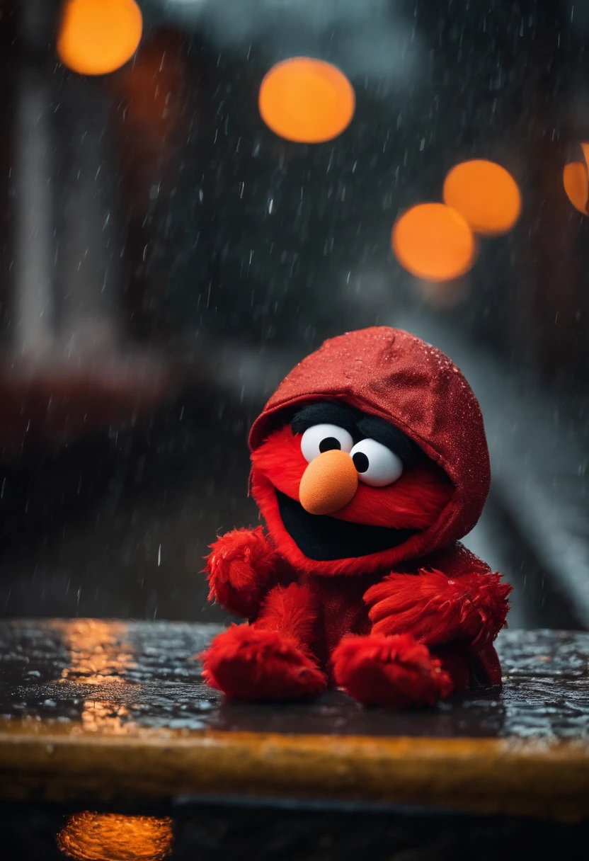 Elmo who is a red puppet with a orange nose is wearing a hoodie in the pouring rain sitting down