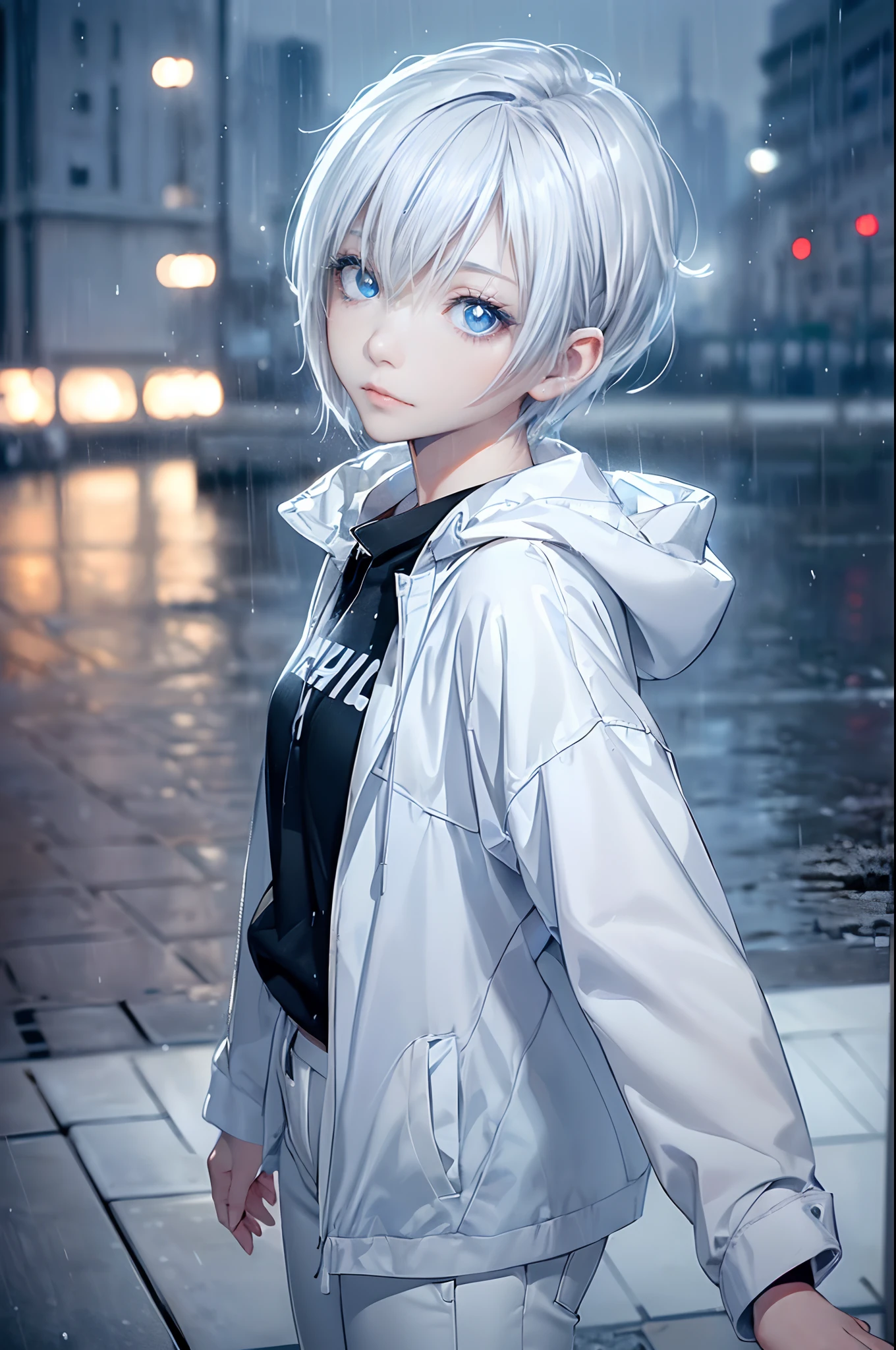 ((4K works))、masterpiece、(top-quality)、1 beutiful girl、Slim body、tall、((Black Y-shirt and white pants、Charming street style))、Please wear one jacket、Wearing a hood to hide his face、(Detailed beautiful eyes)、Morning City、((Rainy city))、Fashionable city with morning rain、During the walk、((Bright, cloudy sky))、((Face similar to Carly Rae Jepsen))、((Short-haired white hair))、((Smaller face))、((Neutral face))、((Bright blue eyes))、((American adult women))、((Adult female 26 years old))、((cool lady))、((Like a celebrity))、((Lonely look))、((Korean Makeup))、((elongated and sharp eyes))、((Happy dating))、((boyish))、((Upper body photography))、Professional Photos、((Model photo))、((Shot alone))、((She's under the roof))、((Looking up at the sky))、((photographed from the back))、((She is facing upwards))、((Her eyes are looking upwards))、((Increase the angle of the face))、((She is walking in front of the viewer))