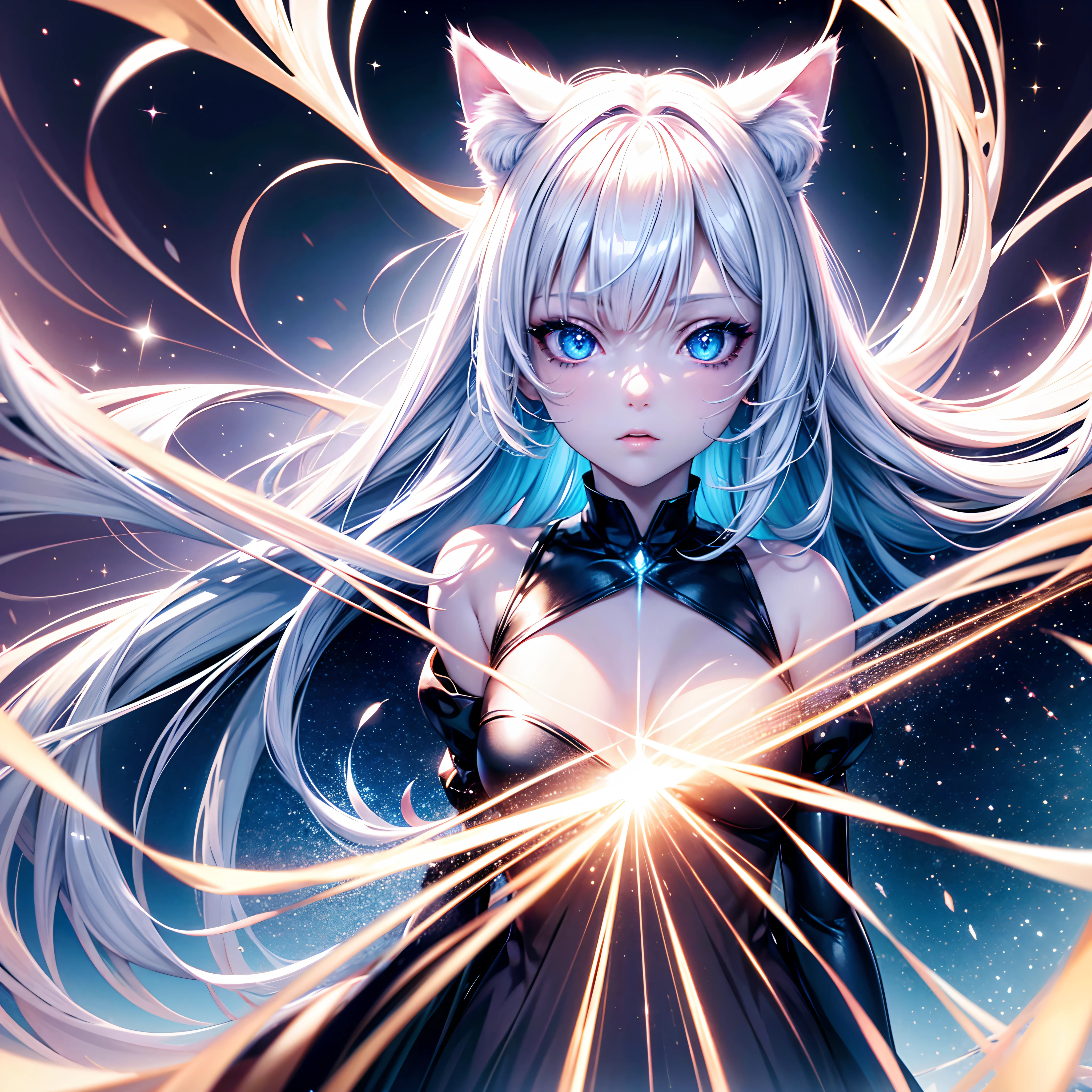 Cat girl, albino, blue eyes, sparkling eyes, background night start,light, ((ultra realistc)),((8k image)),(( ultra hd))