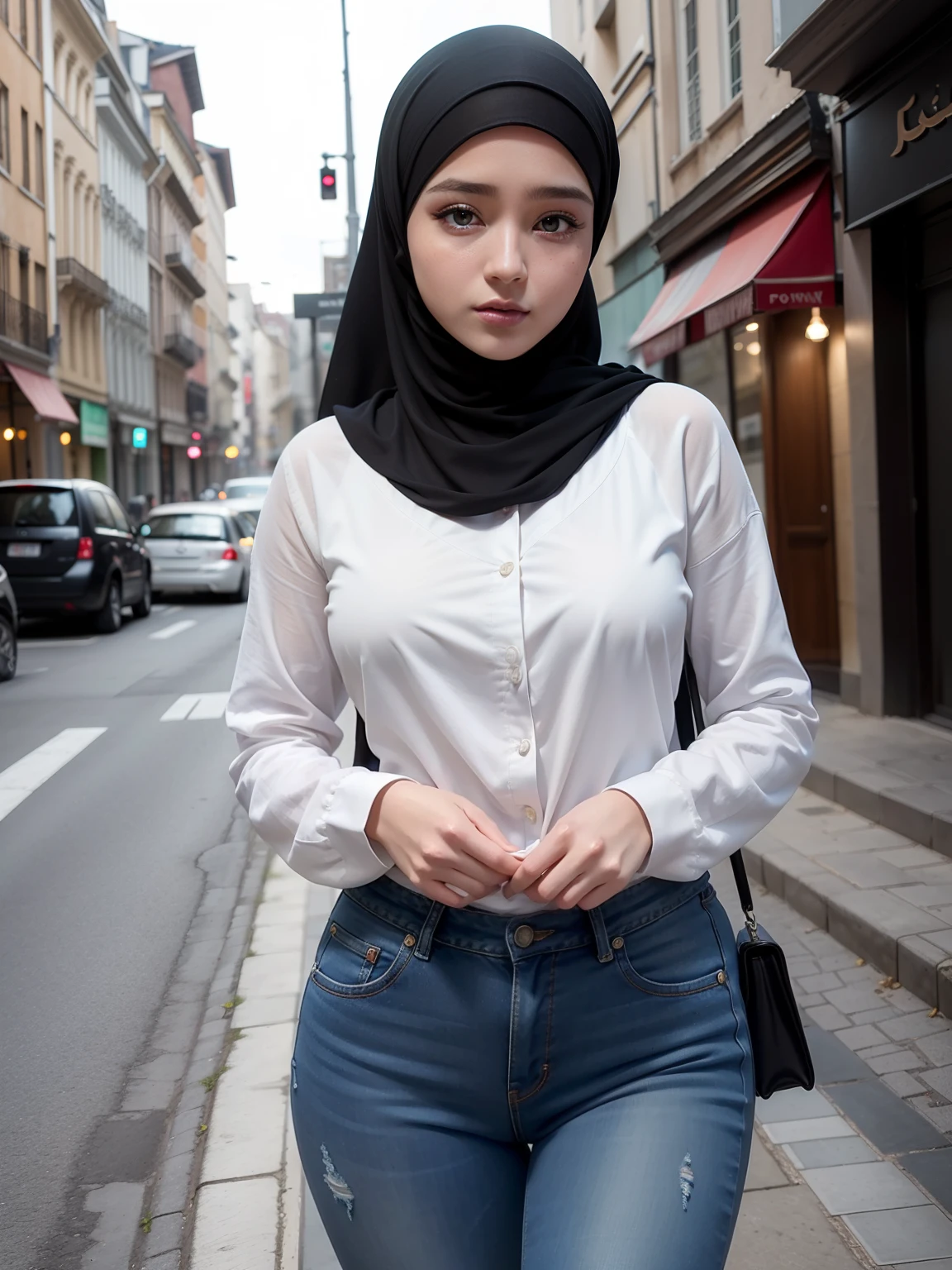 1fille, 21 ans, Belle fille,Fille malaise (chemise blanche, Models), clavicule, beaux yeux bleus, ((Porter le hijab:1.4)), Make-up, building, Winter trench coat, jour, Ripped denim pants, garni de fourrure_manteau, garni de fourrure_veste, fourrure_col, fourrure_couper, jeans, joaillerie, Grand buste, (seins gigantesques:1.2, seins lourds pendants, poitrine parfaite de forme ronde), realistic face ,(Better lips, Detailed nose ,detailled eyes ,visage mignon), regardant_ved_spectvedeur, Potrait corporel complet, nombril, collier, half-naked , seins les plus gigantesques, dehors, ciel, neige, Neige, seulement, window, hiver, ((Ultra detailded ,Masterpiece ,hyper detailed, Highest quality resolution, Best quality, photoreallistic ,Kinematic light, Bokeh)), Beautiful Korean girl, Detailed_oeil, visage, detailled eyes