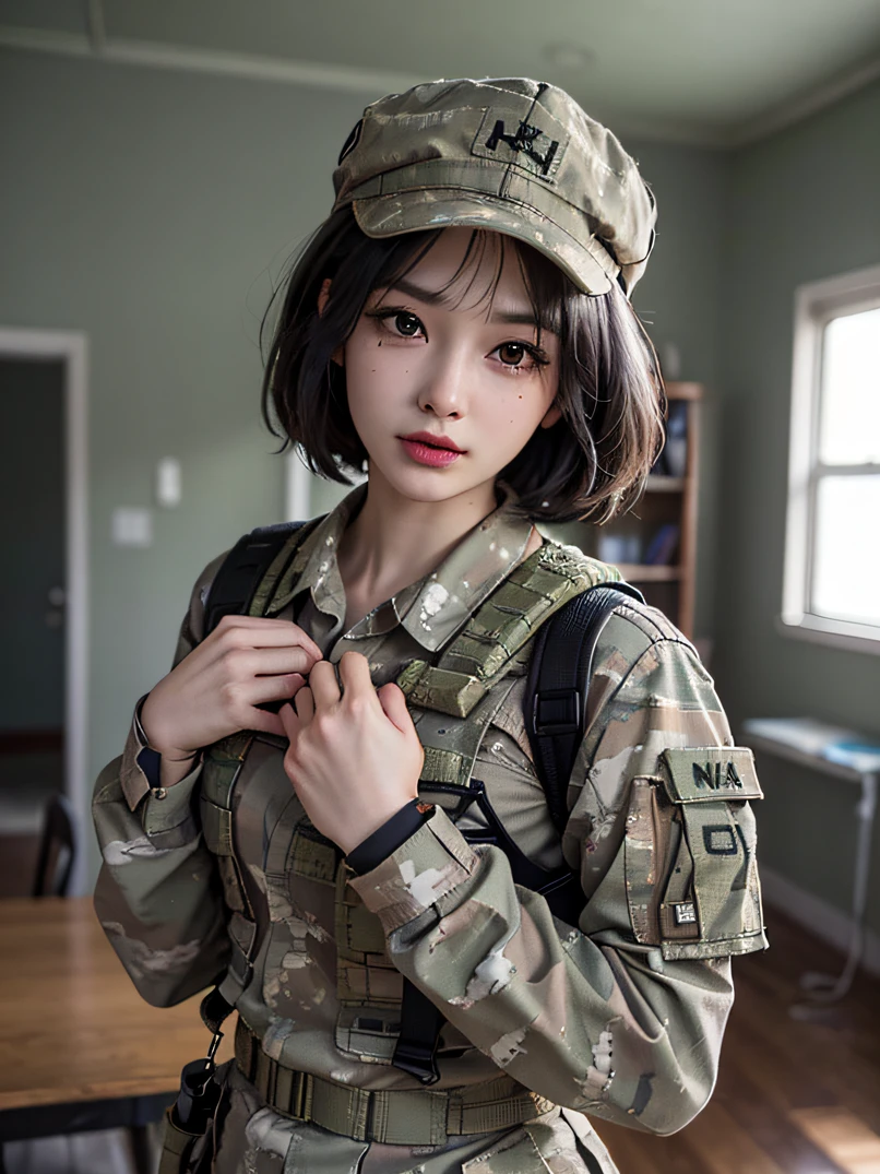 ((​masterpiece、ultra fine photos、top-quality、超A high resolution、Photorealsitic、foco nítido、bustshot))、、Beautiful Female Soldier、delicated face、fair white skin、High Detail Skin、realistic skin detail、Cropped Shorthair、Combat equipment、Army long sleeve camouflage uniform over black undershirt、Camouflage pants、Combat gloves、Holding the rifle with both hands、rucksack、Detailed and complex busy background、A room in an abandoned building、White smoke、Detailed face and chest depiction、Detailed hand depiction、combat pose、Dynamic action、watching at viewers