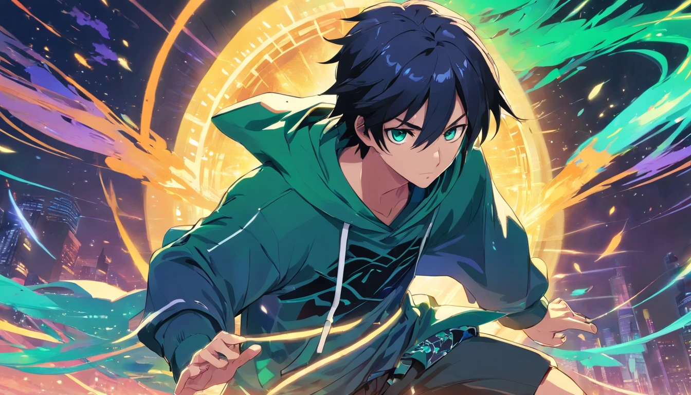 male character raven-black hair and piercing emerald eyes wearing hoodie with a slight batik pattern, full body, fight pose