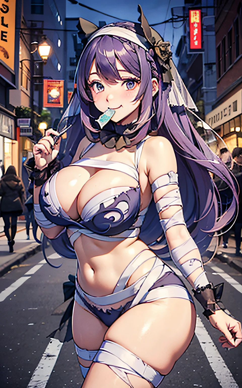 16K Best Quality, of the highest quality, super detailed, masutepiece, mummy costume, Bewitching smile、condom in mouth、Arm bandage, chest bandage, Bandage on the buttocks,Condoms are wrapped around after use.、Bandage condom thigh bandage,Beautiful woman with long blue hair, She has a big braid in her hair. Red Eyes, ultra gigantic tits, Super big ass, Big thighs, The background is the night sidewalk of the city crowded with Halloween parties