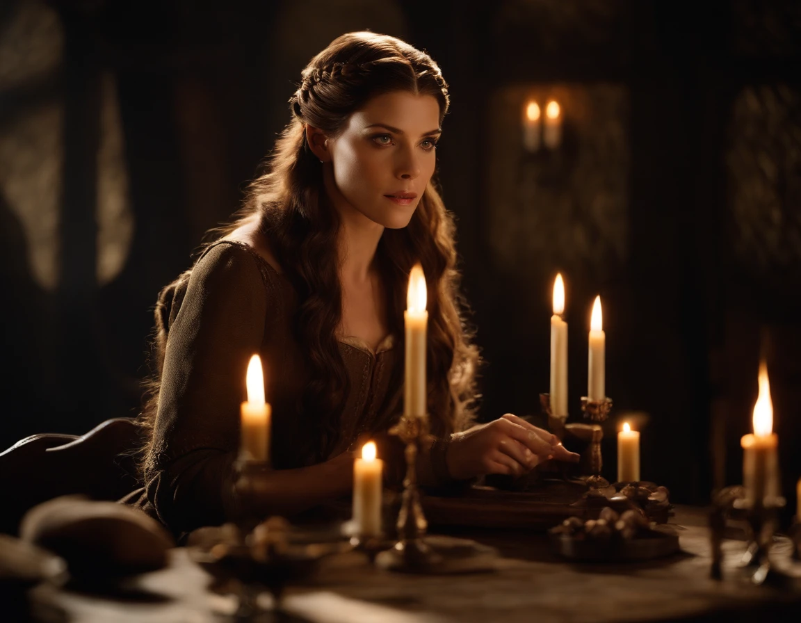 Ashley Greene, Mujer elfo, The aesthetics of The Hobbit movie, sentado en un escritorio con pilas de pergaminos antiguos, With big candles lighting up a very dark room, dark brown clothes like Tauriel, Cabello largo suelto, labios bonitos, orejas puntiagudas, cuerpo completo, hiperrealista, Kinematic, habitacion oscura
