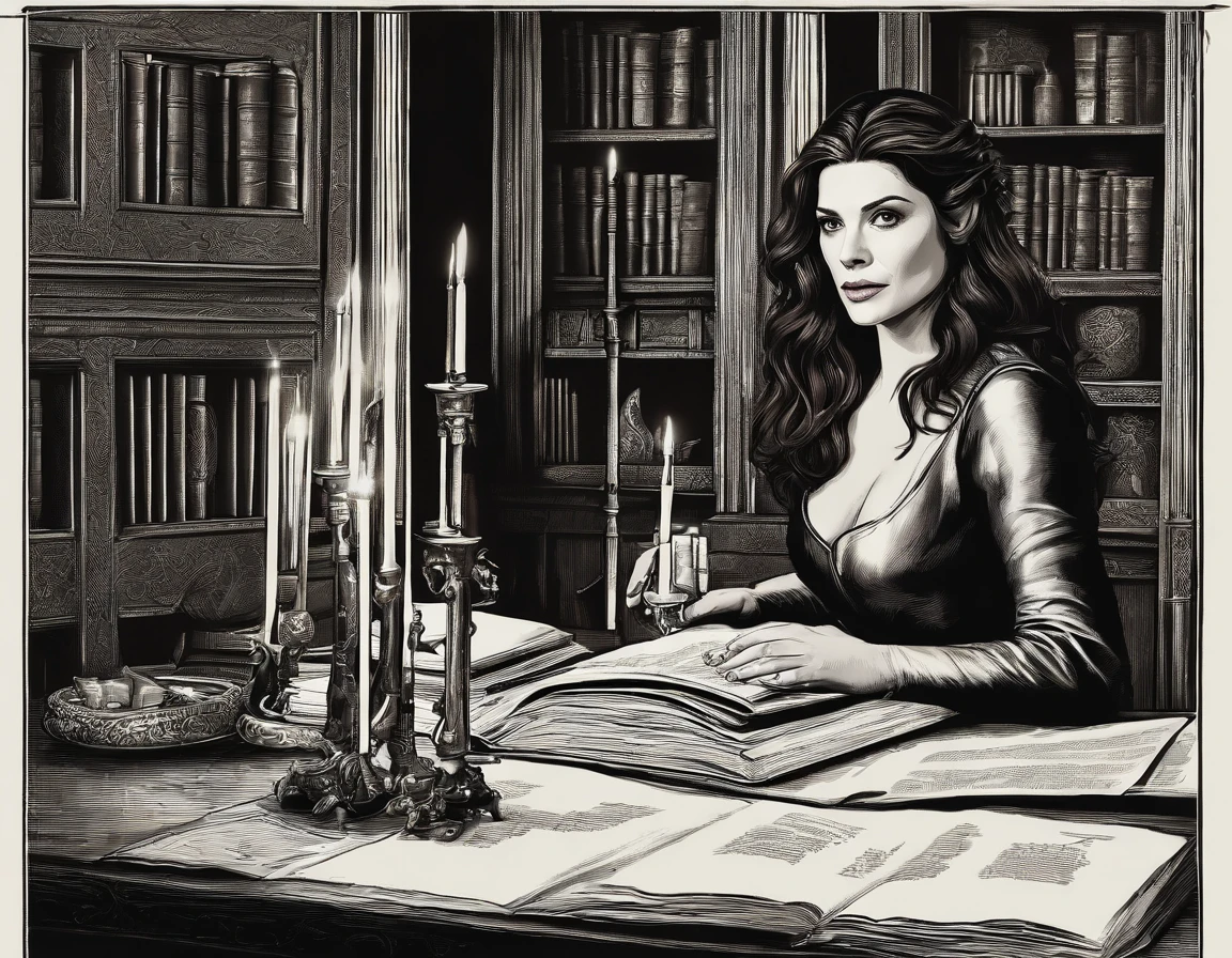 Ashley Greene, Mujer elfo, The aesthetics of The Hobbit movie, sentado en un escritorio con pilas de pergaminos antiguos, With big candles lighting up a very dark room, dark brown clothes like Tauriel, Cabello largo suelto, labios bonitos, orejas puntiagudas, cuerpo completo, hiperrealista, Kinematic, habitacion oscura