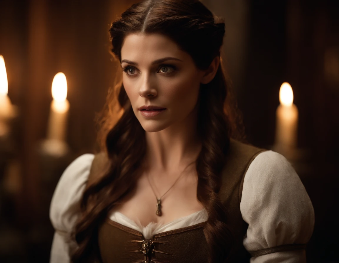 Ashley Greene, Mujer elfo, The aesthetics of The Hobbit movie, sentado en un escritorio con pilas de pergaminos antiguos, With big candles lighting up a very dark room, dark brown clothes like Tauriel, Cabello largo suelto, labios bonitos, orejas puntiagudas, cuerpo completo, hiperrealista, Kinematic, habitacion oscura
