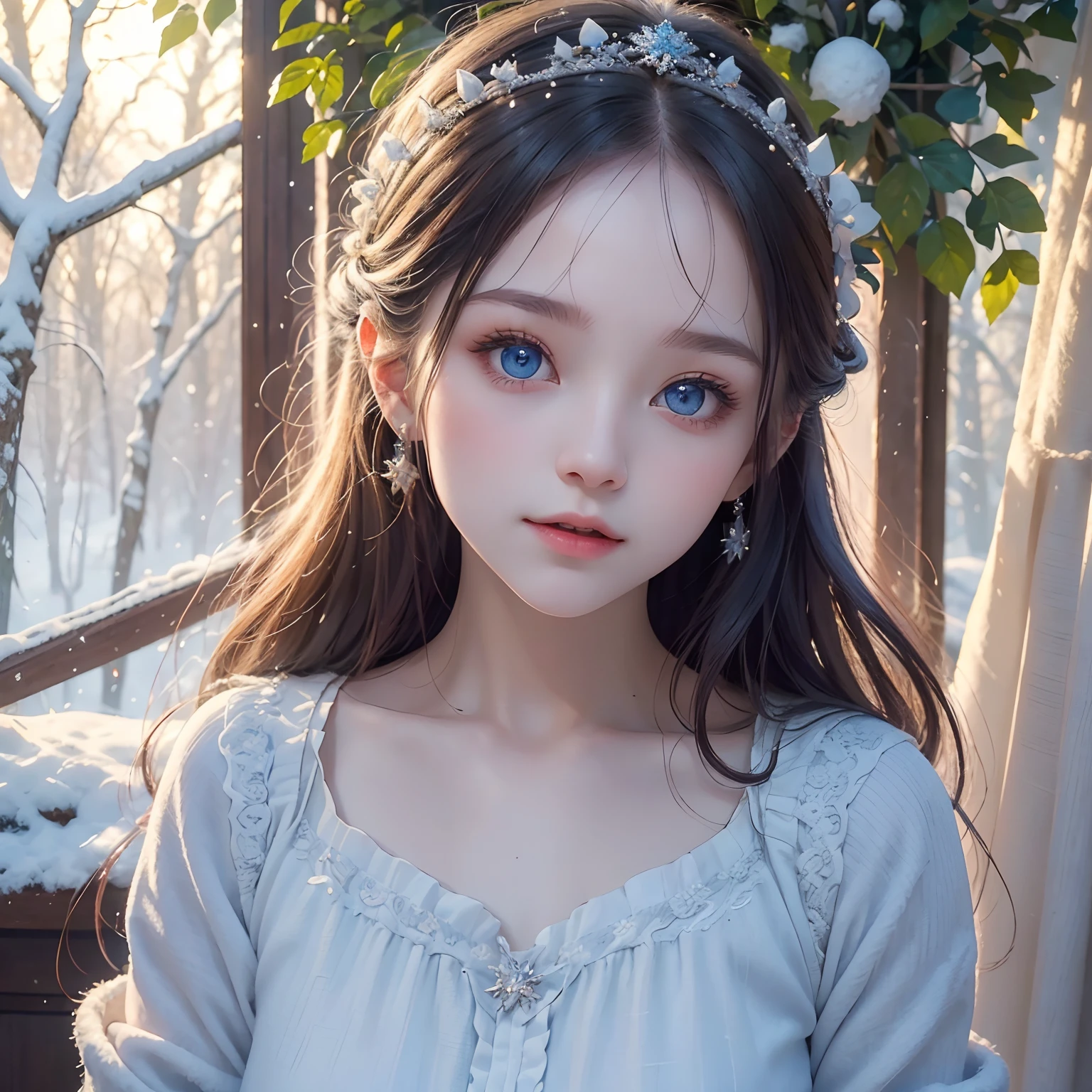 Portrait, High quality, Ukrainian little girl fairy winter snow through the woods about 10 years old, Blue eyes, Smooth skin, ((Best quality, 8K, Masterpiece :1.3)), 1girll, Pretty girl , leisure wear :1.2, In the forest, Ultra-detailed face, Detailed eyes, 二重まぶた