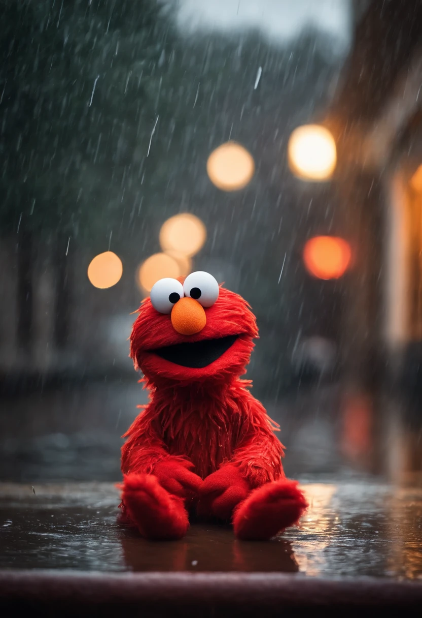 Elmo who is a red puppet with a orange nose is wearing a hoodie in the pouring rain sitting down he is upset