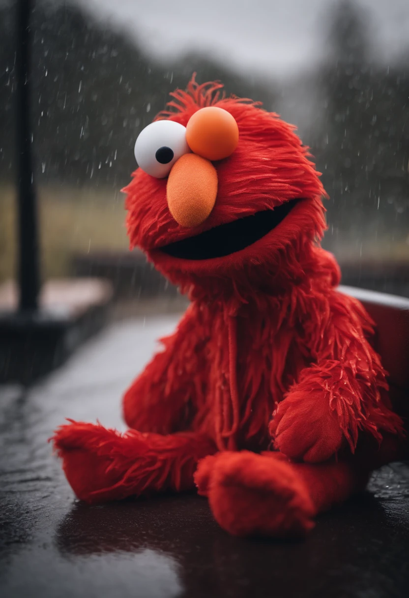 Elmo who is a red puppet with a orange nose is wearing a hoodie in the pouring rain sitting down he is upset