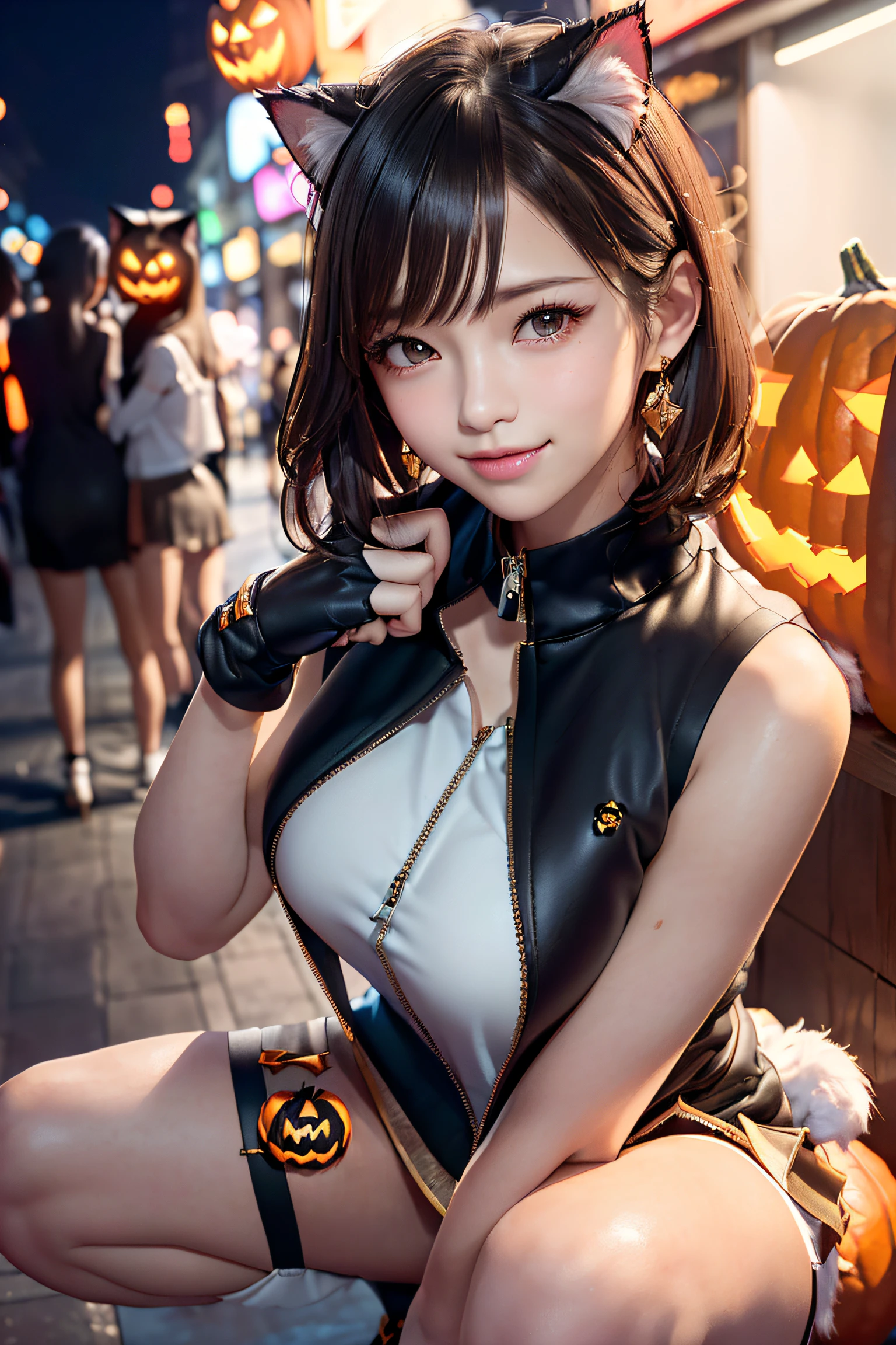 masterpiece, top-quality, top-quality, Beautifully Aesthetic:1.2, 1girl, Halloween party night, ((Wearing a high-quality Sexy cat costume of fur, gloves of cat, cat paw-shaped shoes, shiny slit miniskirt):1.2), high detailed, (kneeling with own hands together on chest:1.3), (large breasts:1.2, (firm breast, nicely shaped breasts), slender figure,
((Dark Brown Hair)), wavy hair, ((short hair:1.2)),
((in A modern street of decorated for Halloween in Shibuya at late night:1.2)), (Upper body shot:1.1), (From below), (Focus on face:1.1), ((looking at viewer:1.2)),