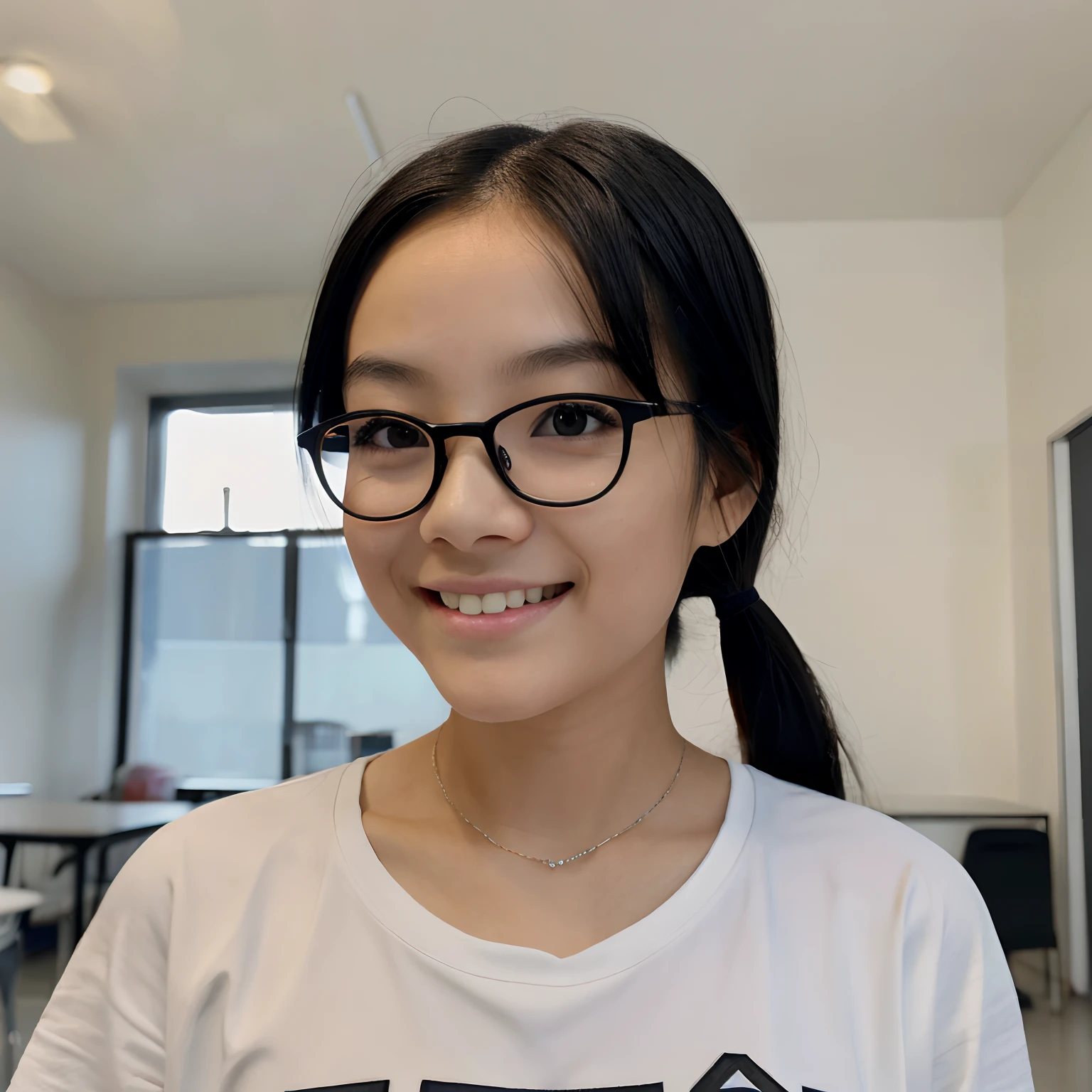 Very young female, half chinese, small slit-eyed, glasses, black hair, flawless white skin, long hair, photorealistic, best quality, hyper detailed, middle school student, beautiful woman, selfie photo, upper body, solo, wearing casual sport clothes, without makeup, school (cheerful, happy), looking at viewer, skin texture, film grain, close up, ultra high res, best shadow, RAW, instagram LUT