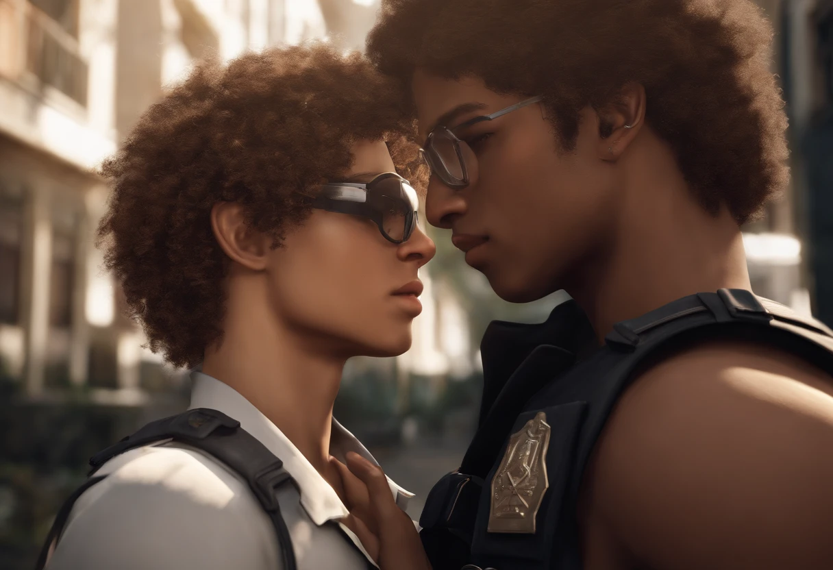 Brown skin young 18 year old guy, with curly afro, black t-shirt, with black rectangle glasses, and a white young guy, with brown hair, leon kennedy from resident evil 4, white skin, wearing police uniform, not wearing glasses, looking at each other in the eyes, blushing, kissing each other