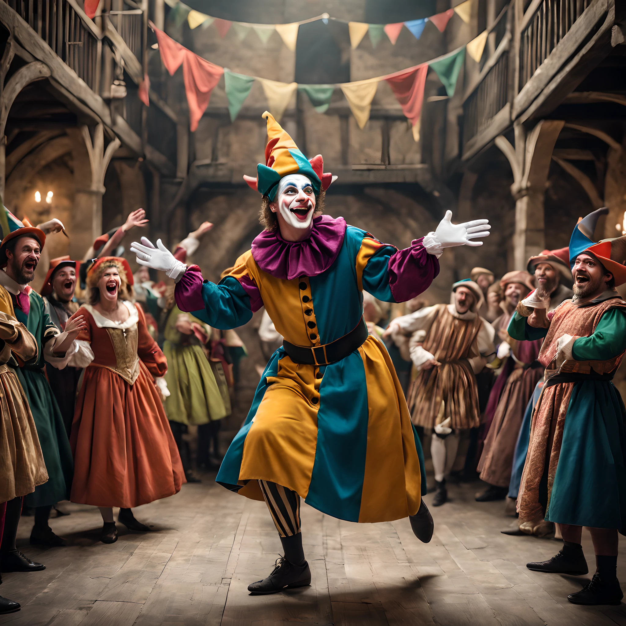 Composition: Craft a lively and engaging composition that captures the spirit of a medieval comedy theater. The composition should be full of energy and humor, setting the stage for the Jester's performance.

Character: Illustrate a mischievous and colorful Jester, dressed in traditional harlequin attire. The Jester should exude charisma and whimsy, ready to entertain with their antics.

Background: Place the Jester in the bustling environment of a medieval comedy theater. Surround them with an enthusiastic audience, grand tapestries, and the rich ambiance of the era. The high-resolution image should bring to life the vibrant and comical world of the Jester.