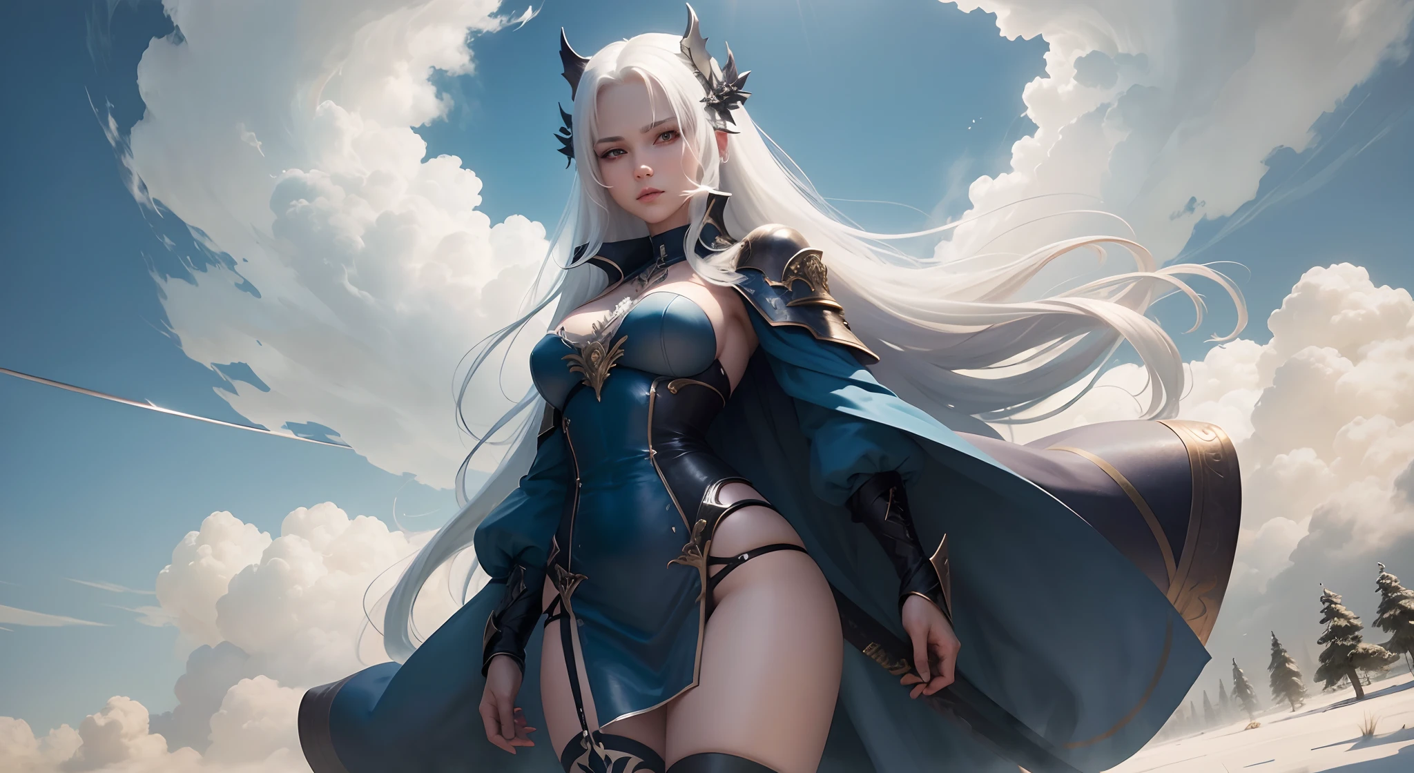 sexy beautiful face, long white hair, sword on hand, sexy body, long leg, pale skin